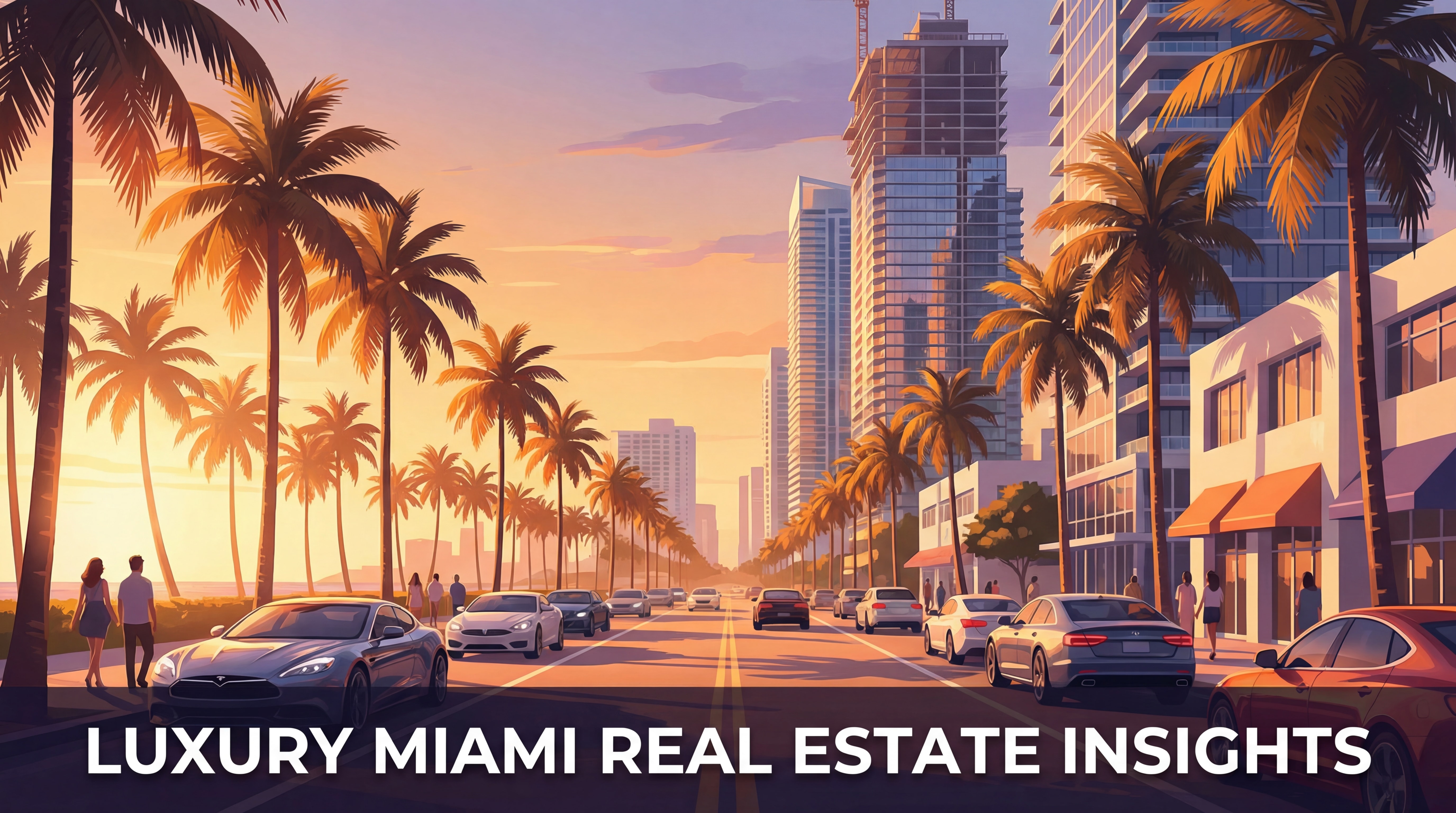 Luxury Miami Beach neighborhood streetscape at golden hour with palm trees and new construction high-rise developments