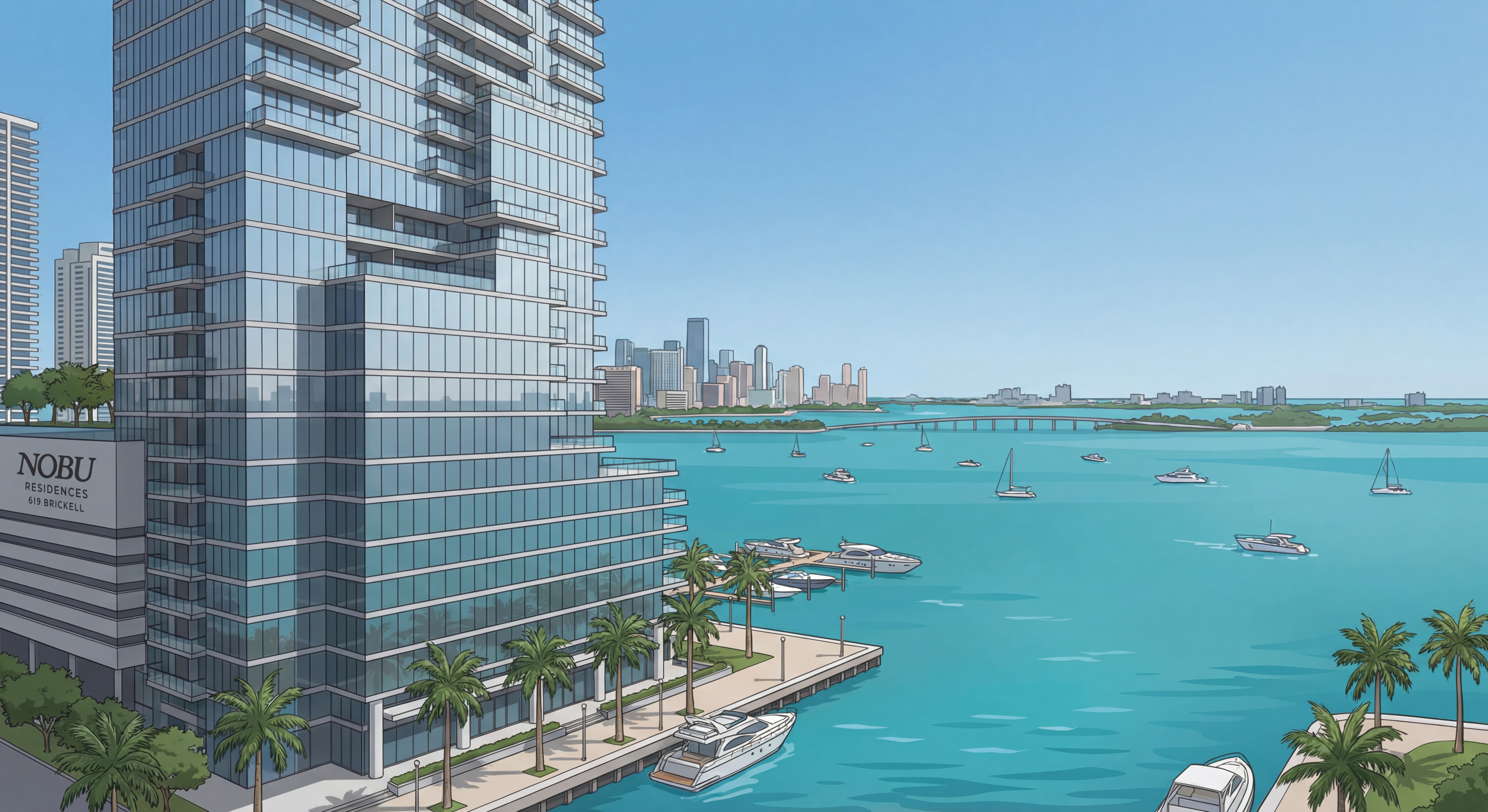 Architectural rendering of 619 Brickell Nobu Residences tower designed by Foster + Partners with Biscayne Bay views