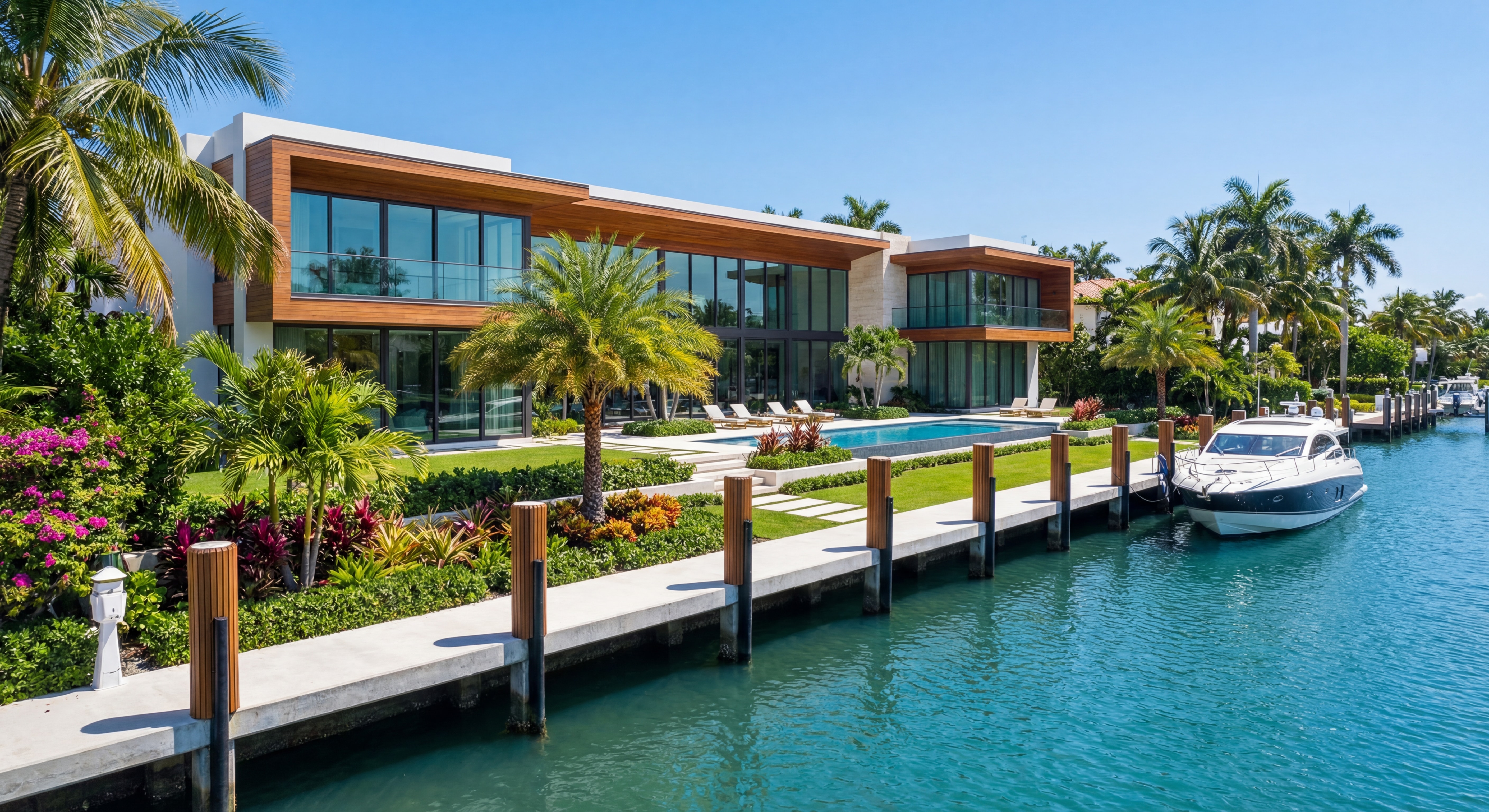 Luxury waterfront mansion on Indian Creek Island Miami with private dock and lush tropical landscaping