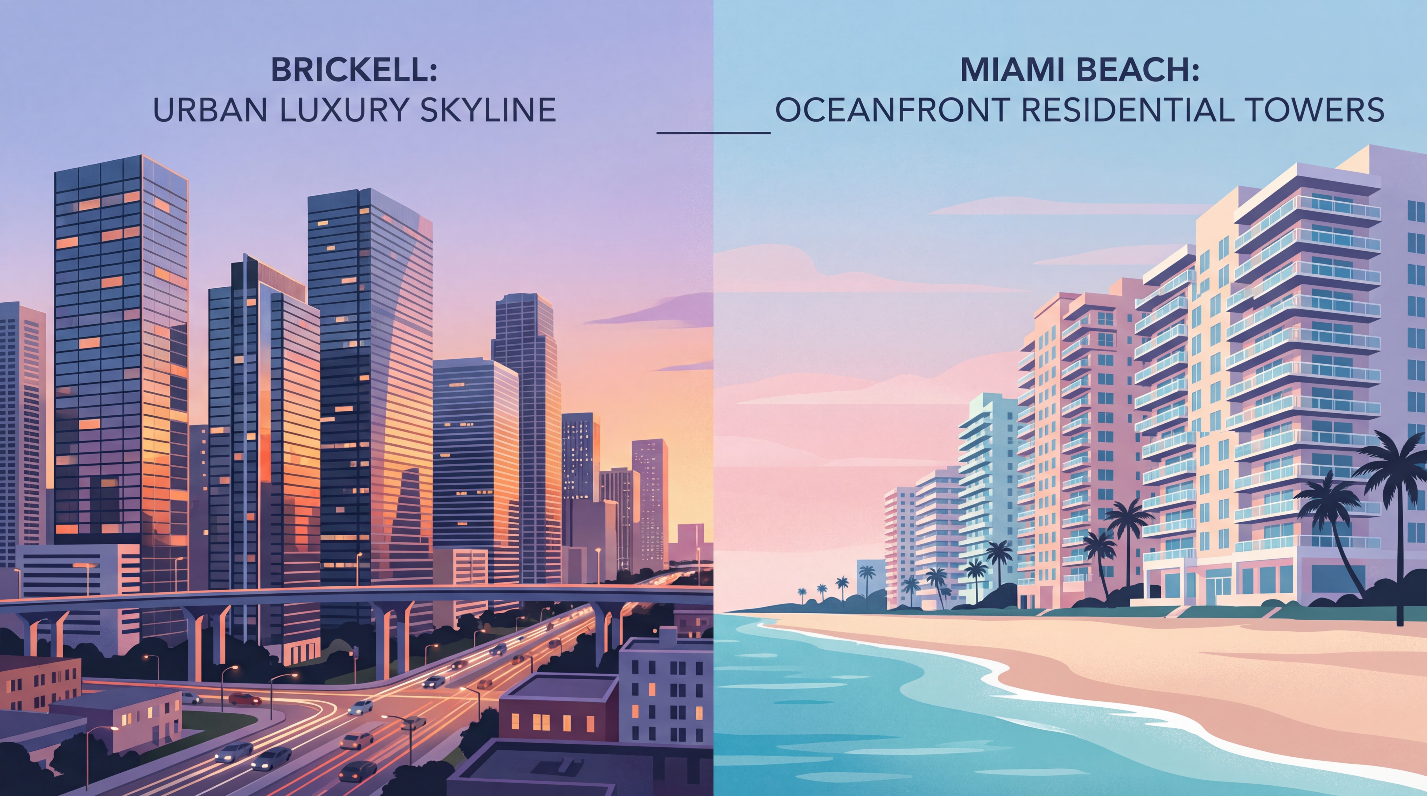 Split-view comparison of Brickell's urban luxury skyline versus Miami Beach's oceanfront residential towers at dusk