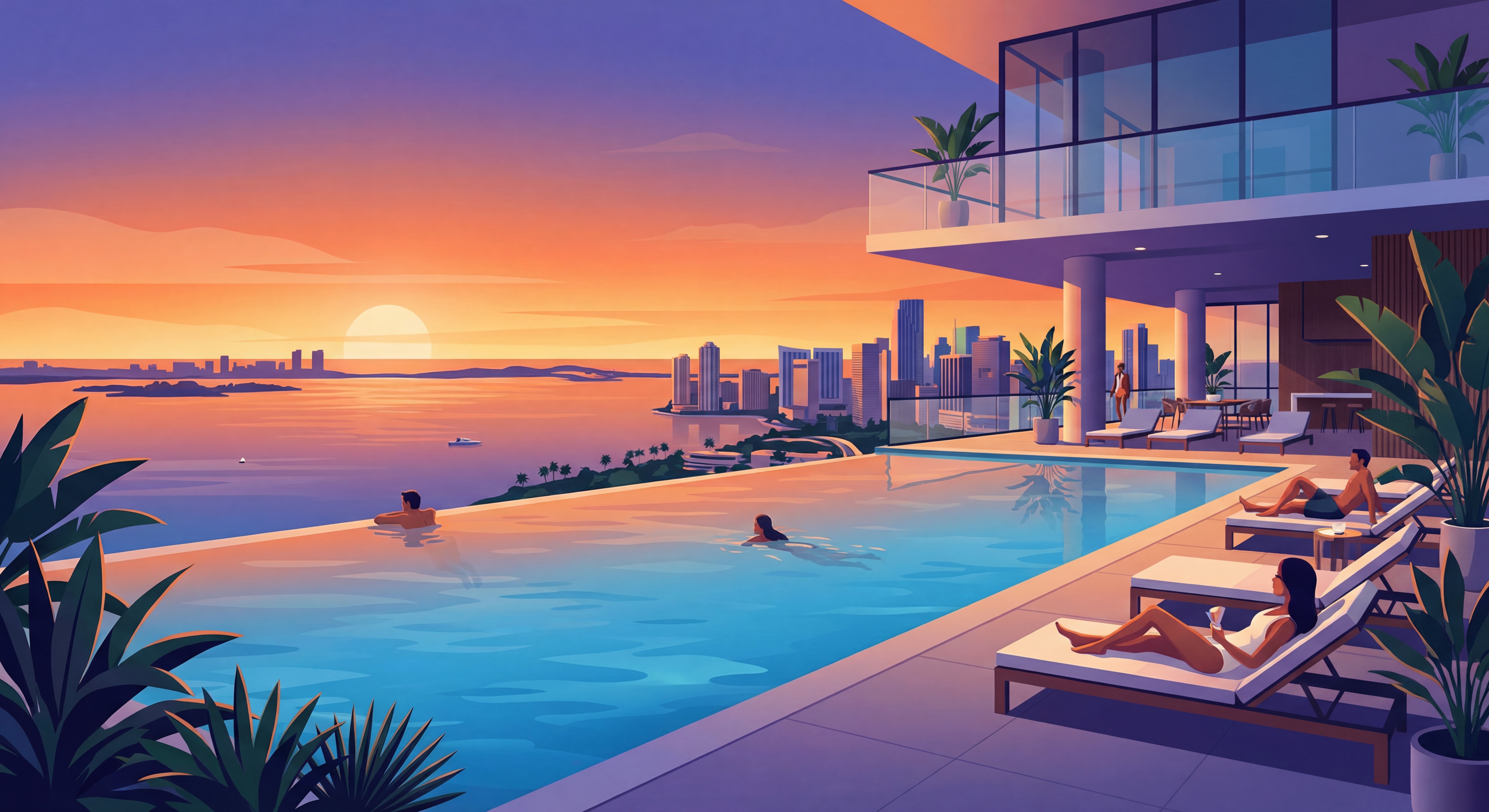Rooftop infinity pool at a Miami luxury high-rise with panoramic views of the city skyline and Biscayne Bay at sunset