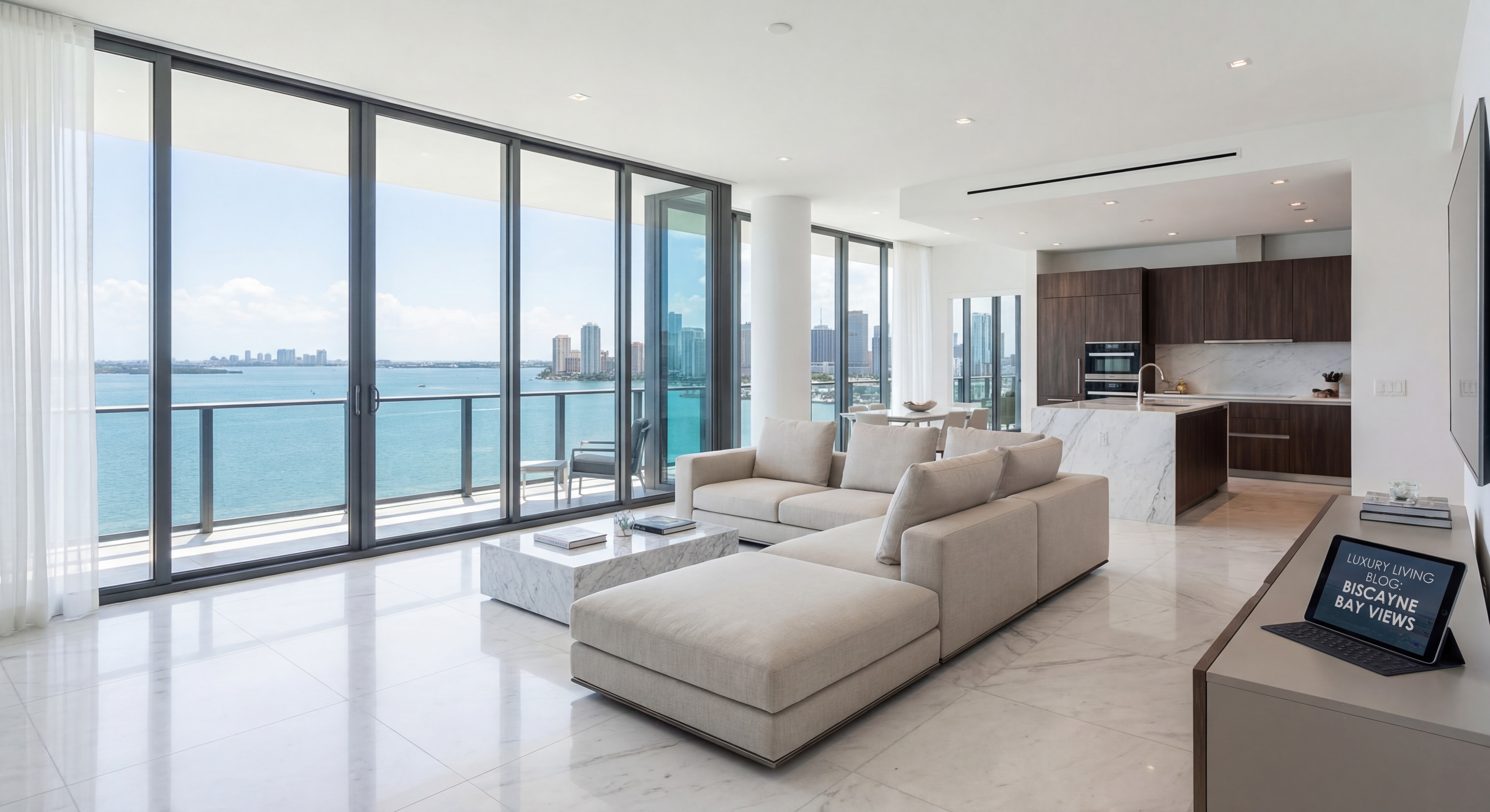 Stunning luxury condo interior with floor-to-ceiling windows overlooking Biscayne Bay, featuring Italian marble finishes and open-plan living space