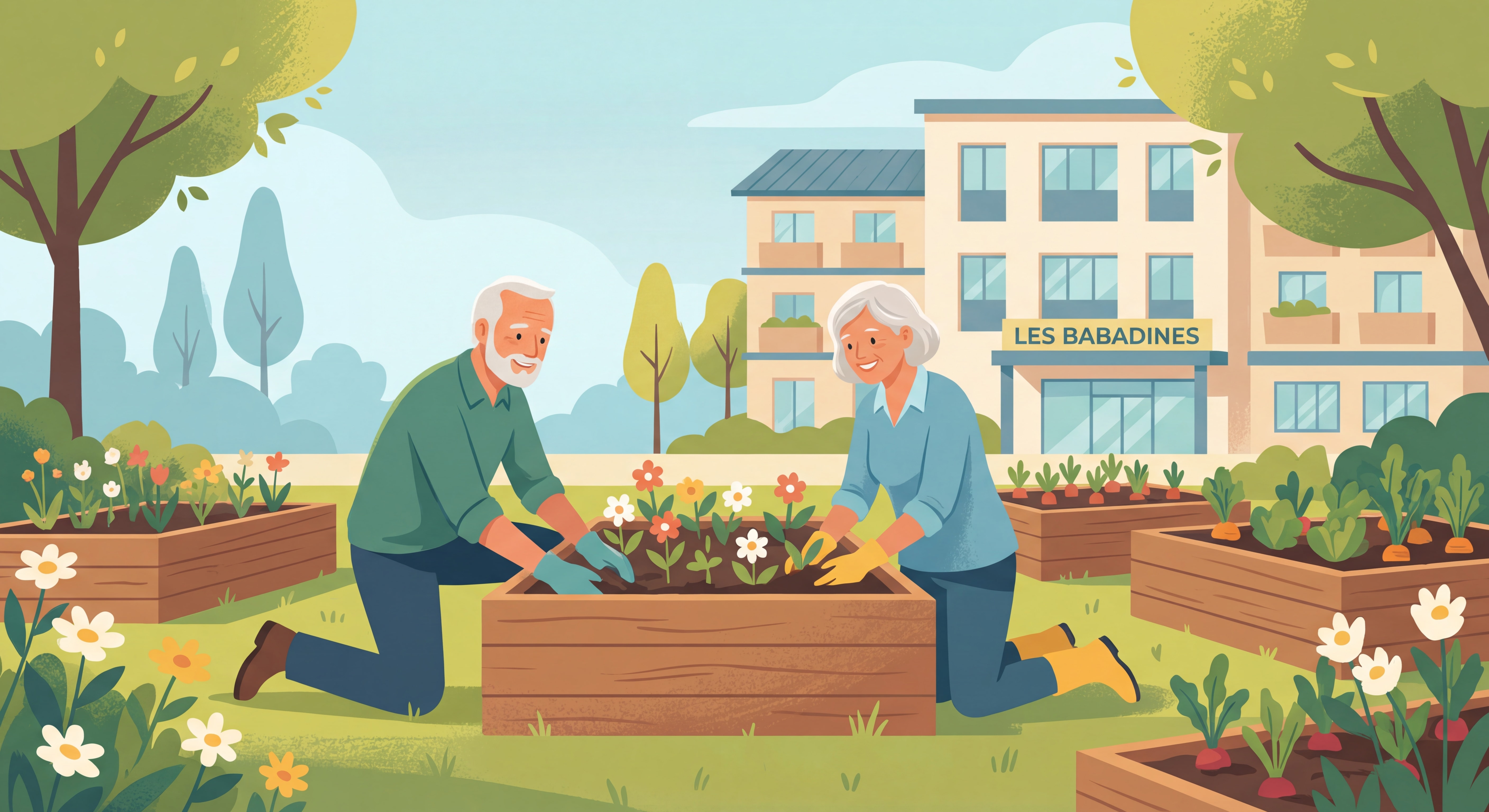 Deux seniors en train de jardiner ensemble dans le jardin ensoleillé d'une maison de vie Les Babadines, souriant et profitant d'un moment de complicité en plein air