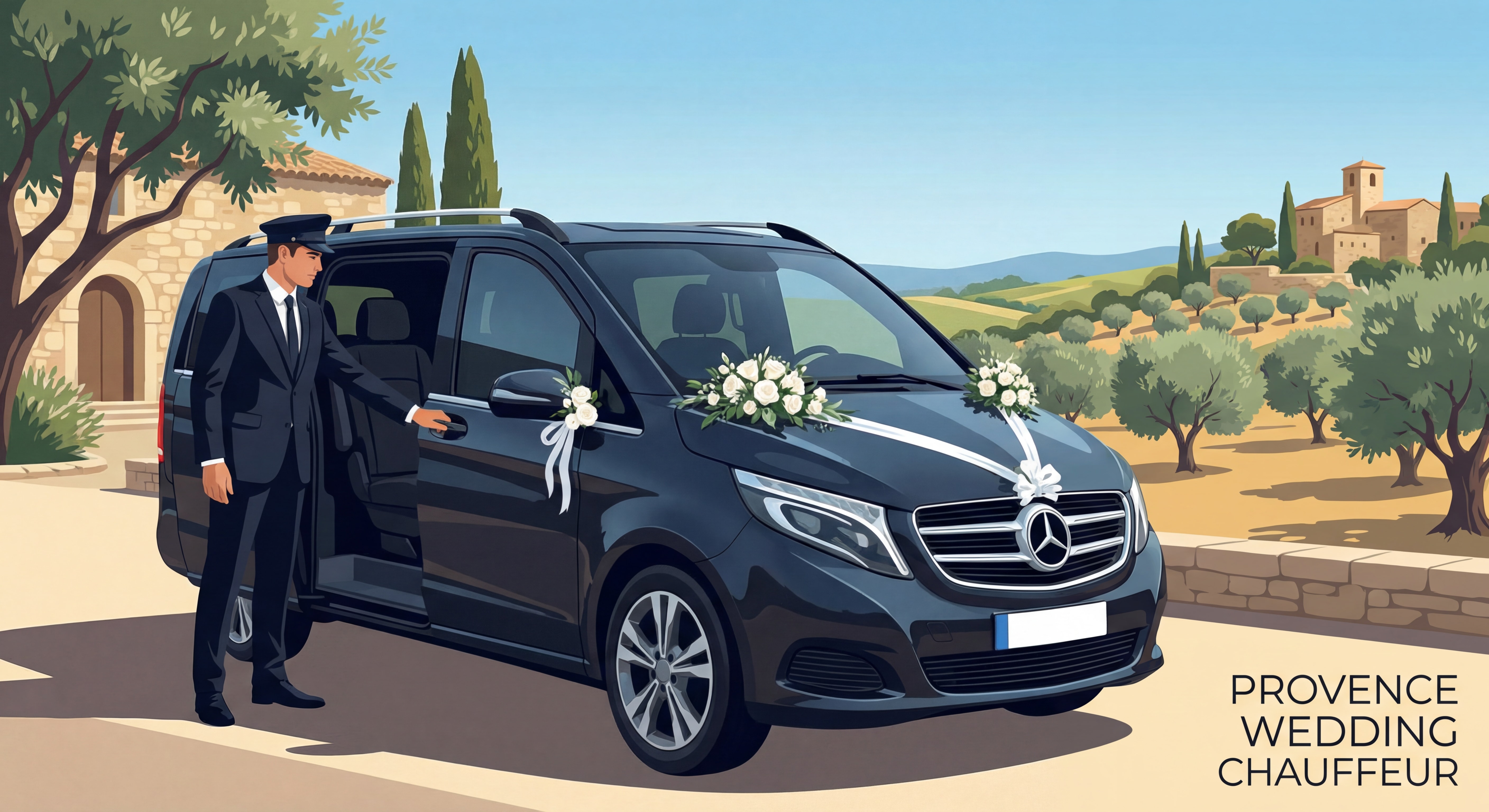 Chauffeur professionnel en costume sombre ouvrant la portière d'un van Mercedes Classe V décoré pour un mariage en Provence