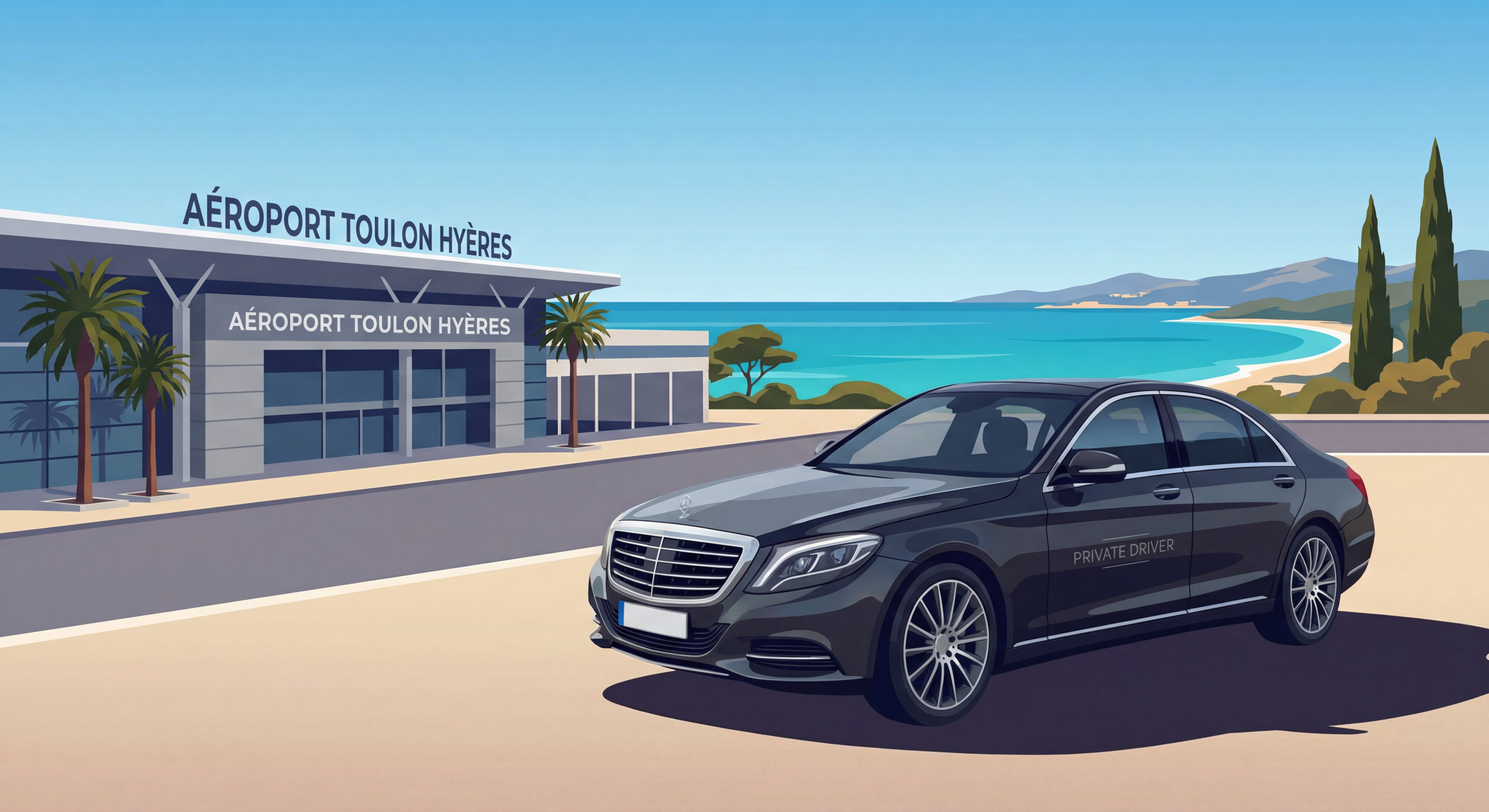 Luxury private driver vehicle parked near Toulon-Hyères Airport with the French Riviera coastline in the background