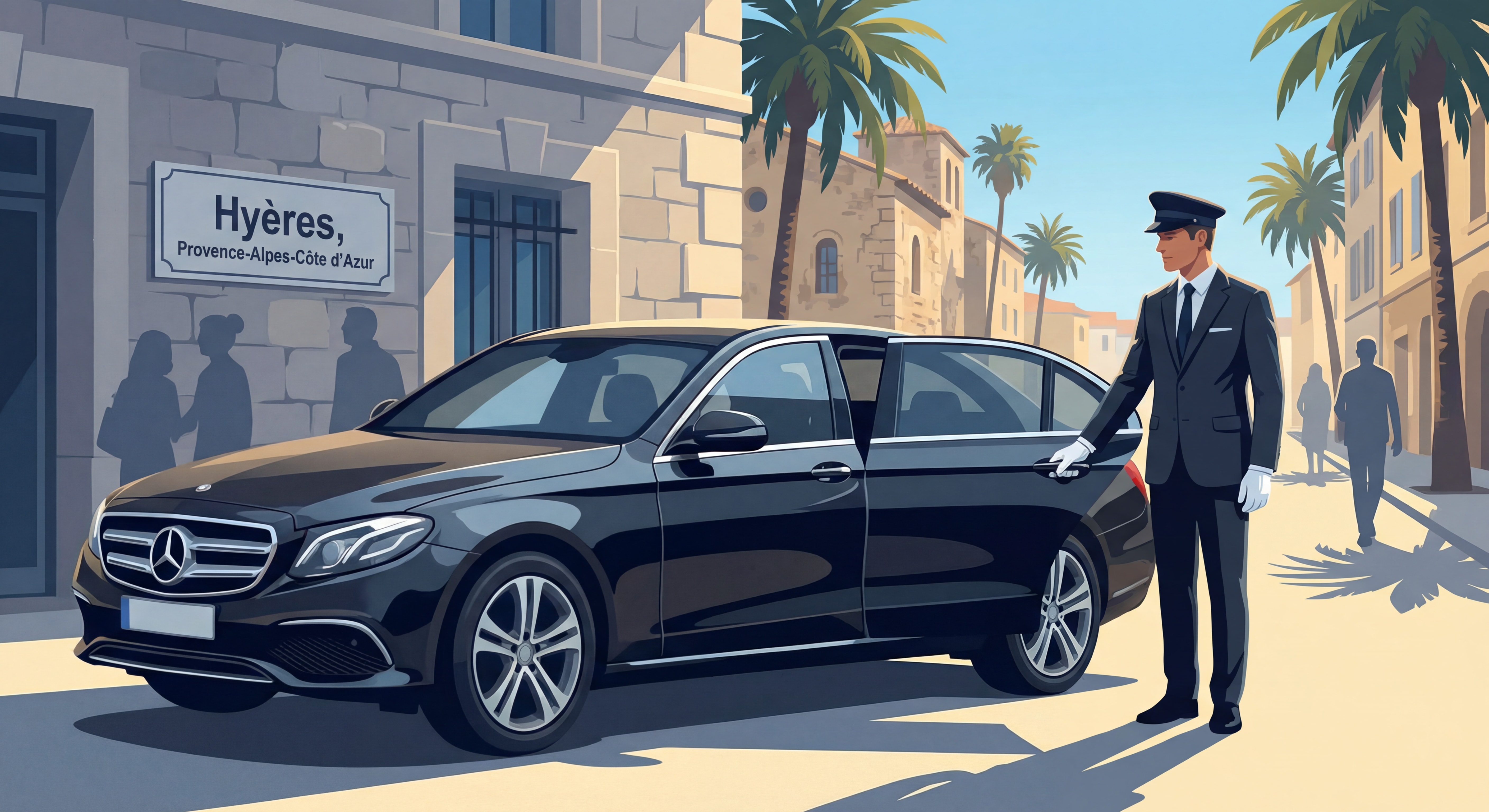 Professional chauffeur in suit opening the door of a Mercedes E-Class luxury sedan in Hyères, Var, France