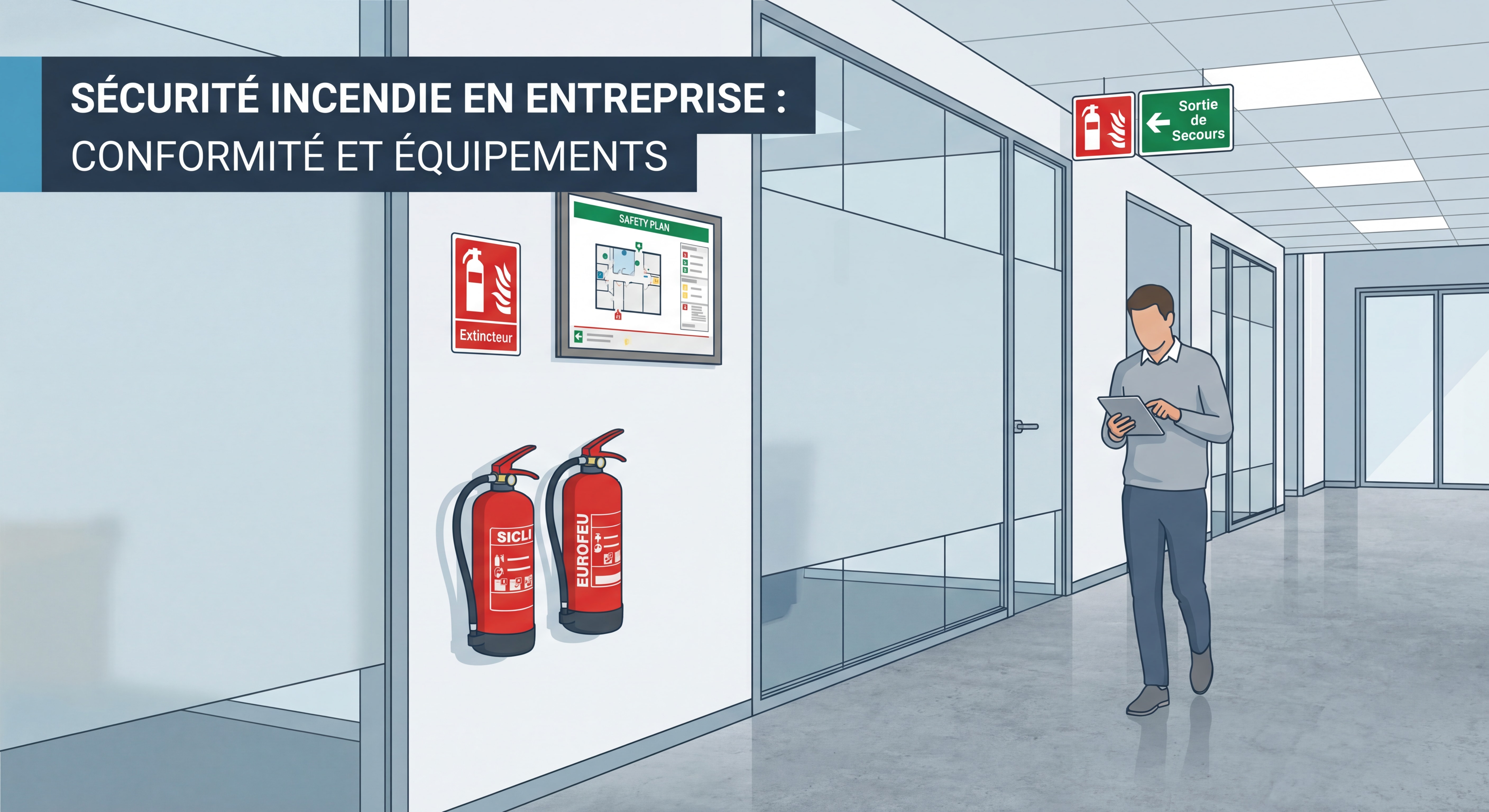 Extincteurs Sicli et Eurofeu installés dans un couloir d'entreprise, signalétique incendie visible, conformité sécurité incendie