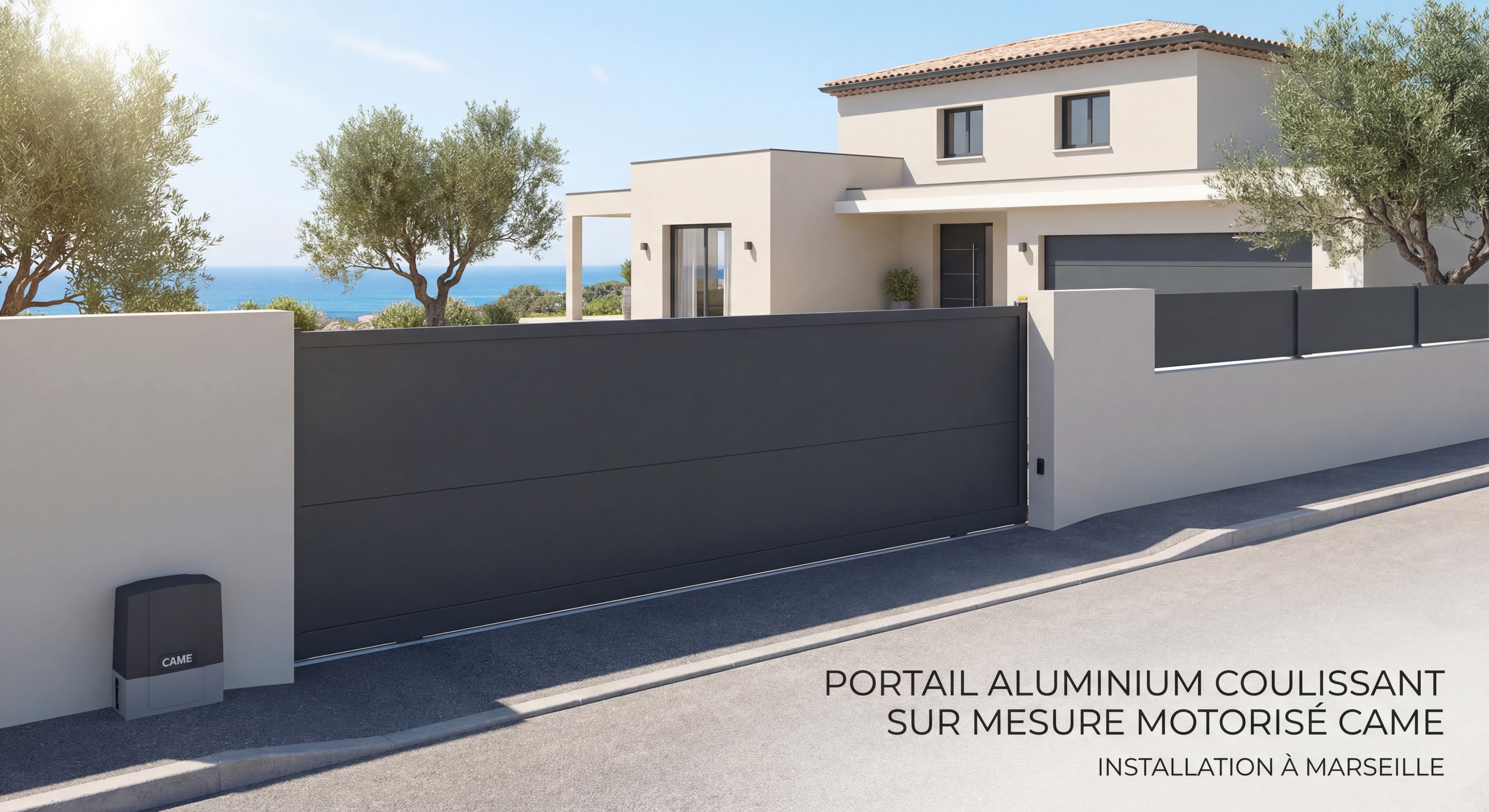 Portail aluminium coulissant sur mesure motorisé CAME installé devant une villa marseillaise, vue depuis la rue