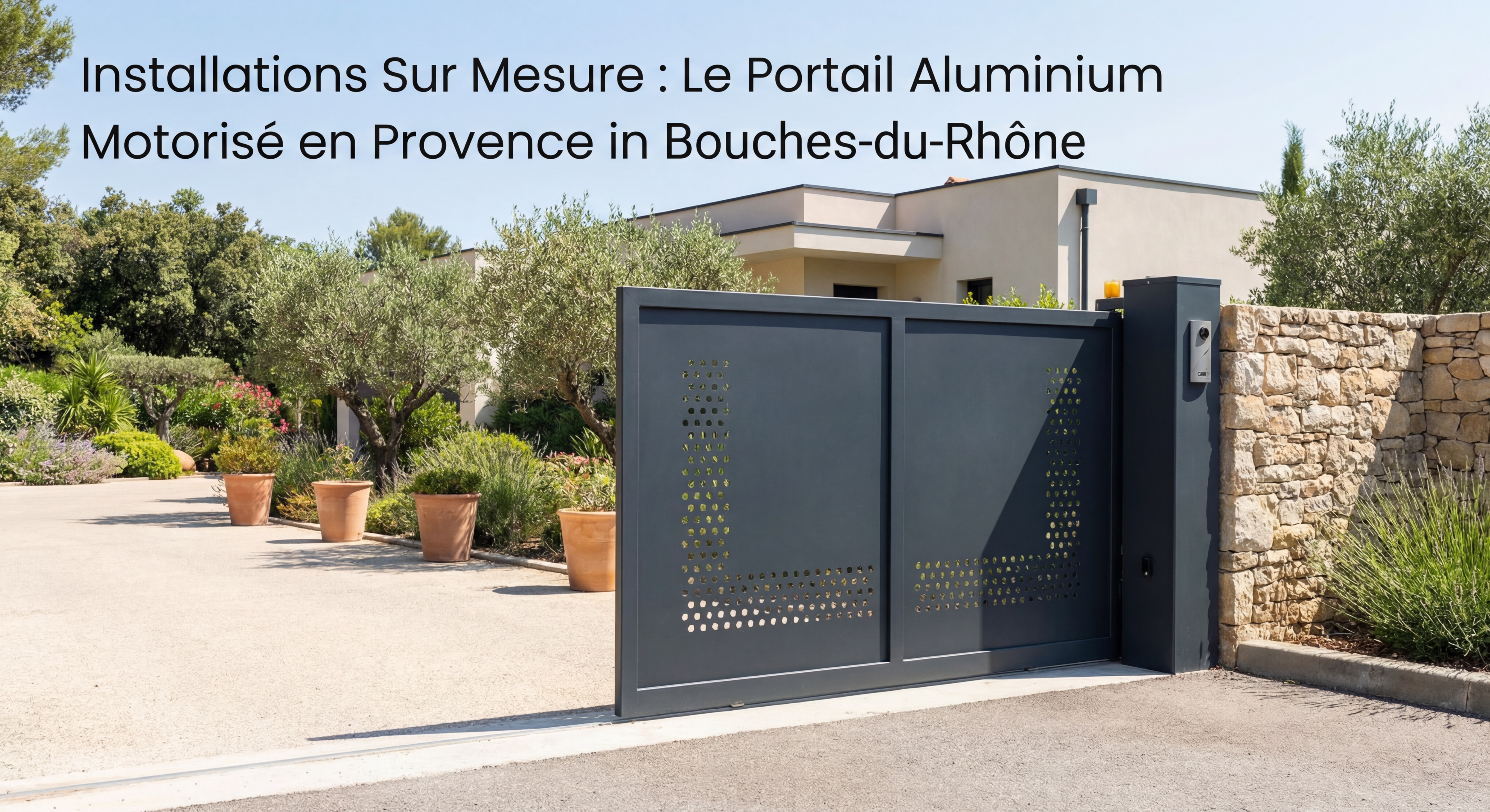 Portail aluminium sur mesure ajouré gris anthracite motorisé CAME installé dans une villa des Bouches-du-Rhône, finition contemporaine