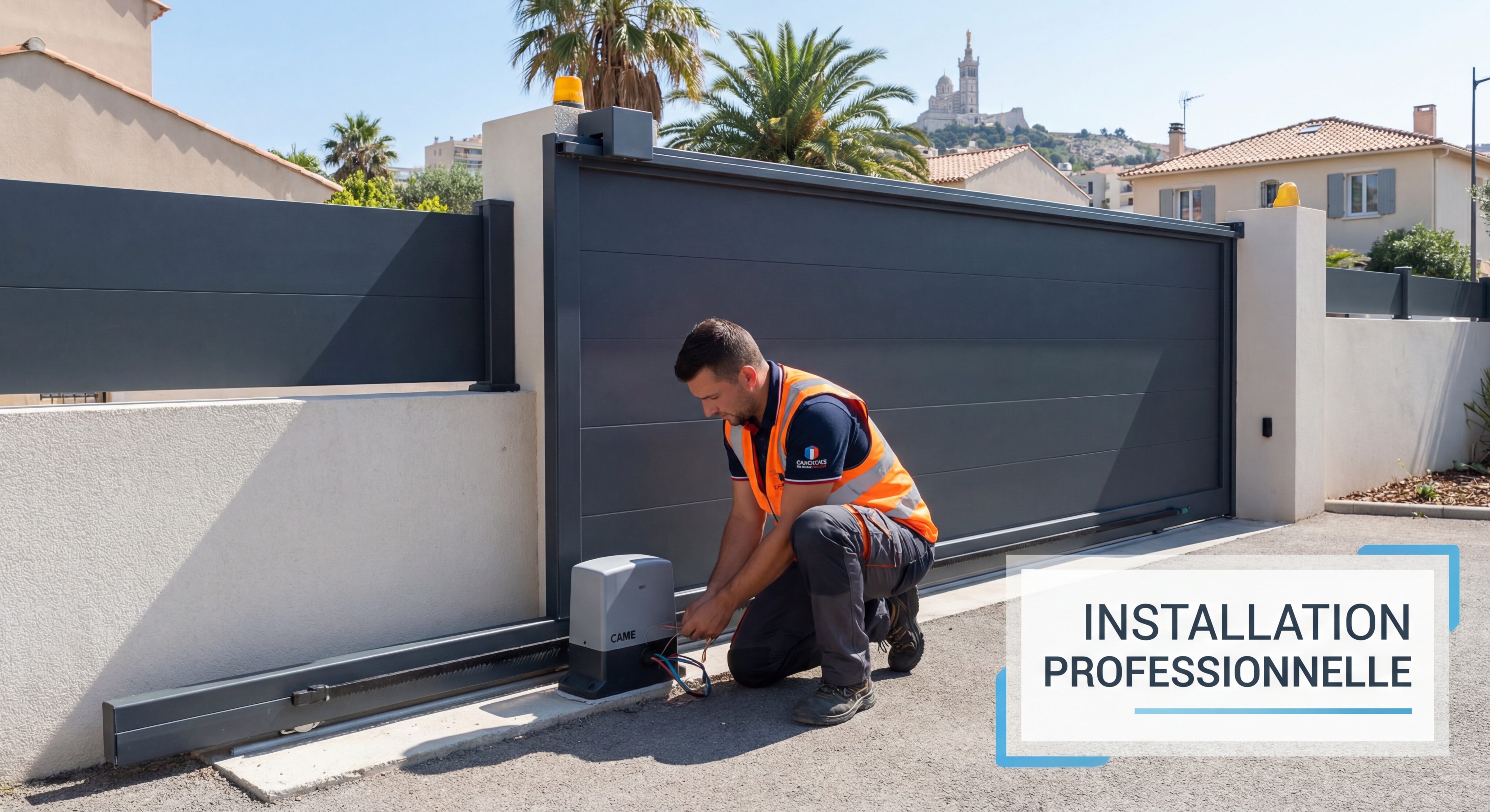Technicien professionnel installant une motorisation CAME sur un portail coulissant aluminium à Marseille, Bouches-du-Rhône