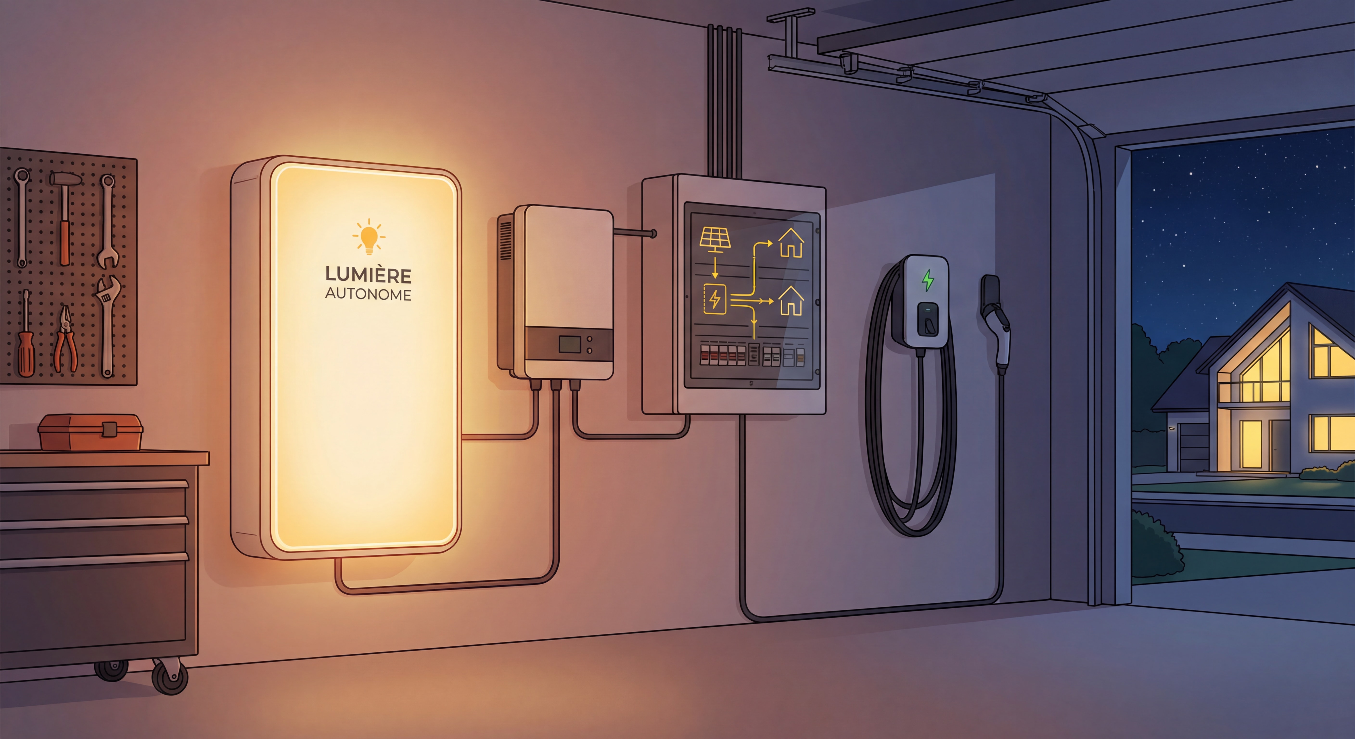 Batterie de stockage solaire domestique installée dans un garage, avec tableau électrique et onduleur hybride, représentant l'autonomie énergétique nocturne