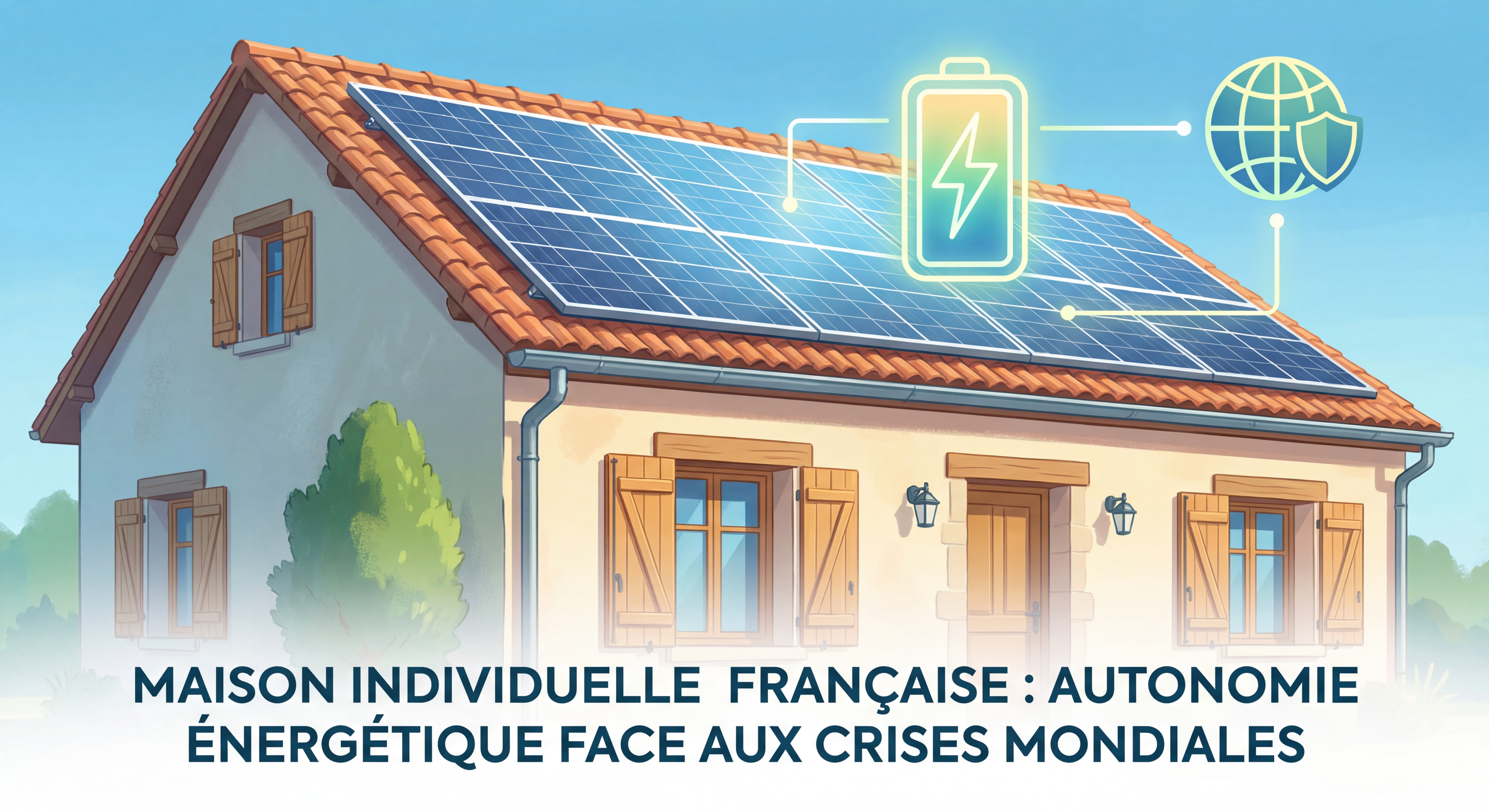Maison individuelle française avec panneaux solaires photovoltaïques sur le toit, symbolisant l'autonomie énergétique face aux crises mondiales