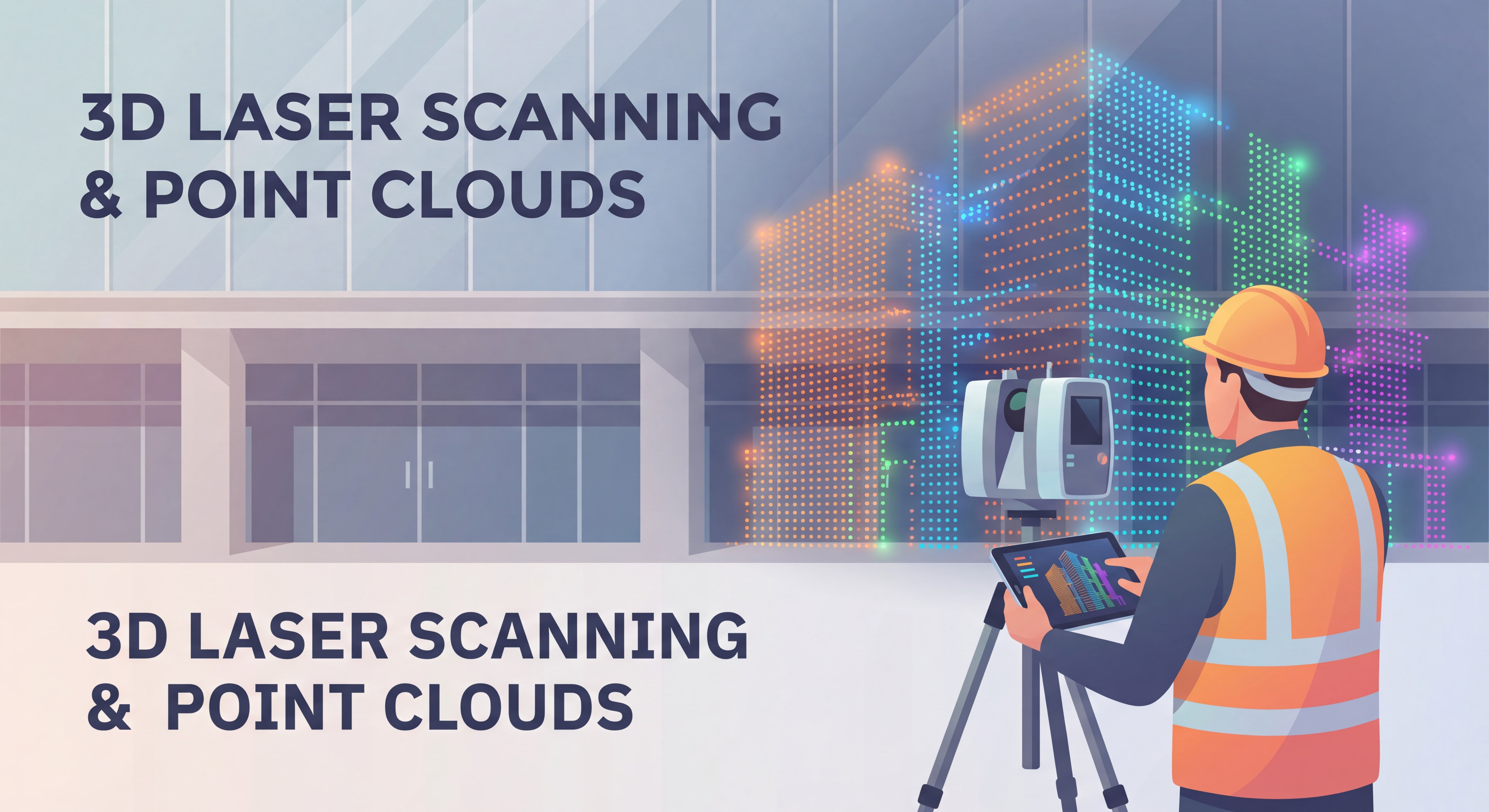 Technicien réalisant un scan 3D laser d'un bâtiment avec nuage de points coloré en arrière-plan