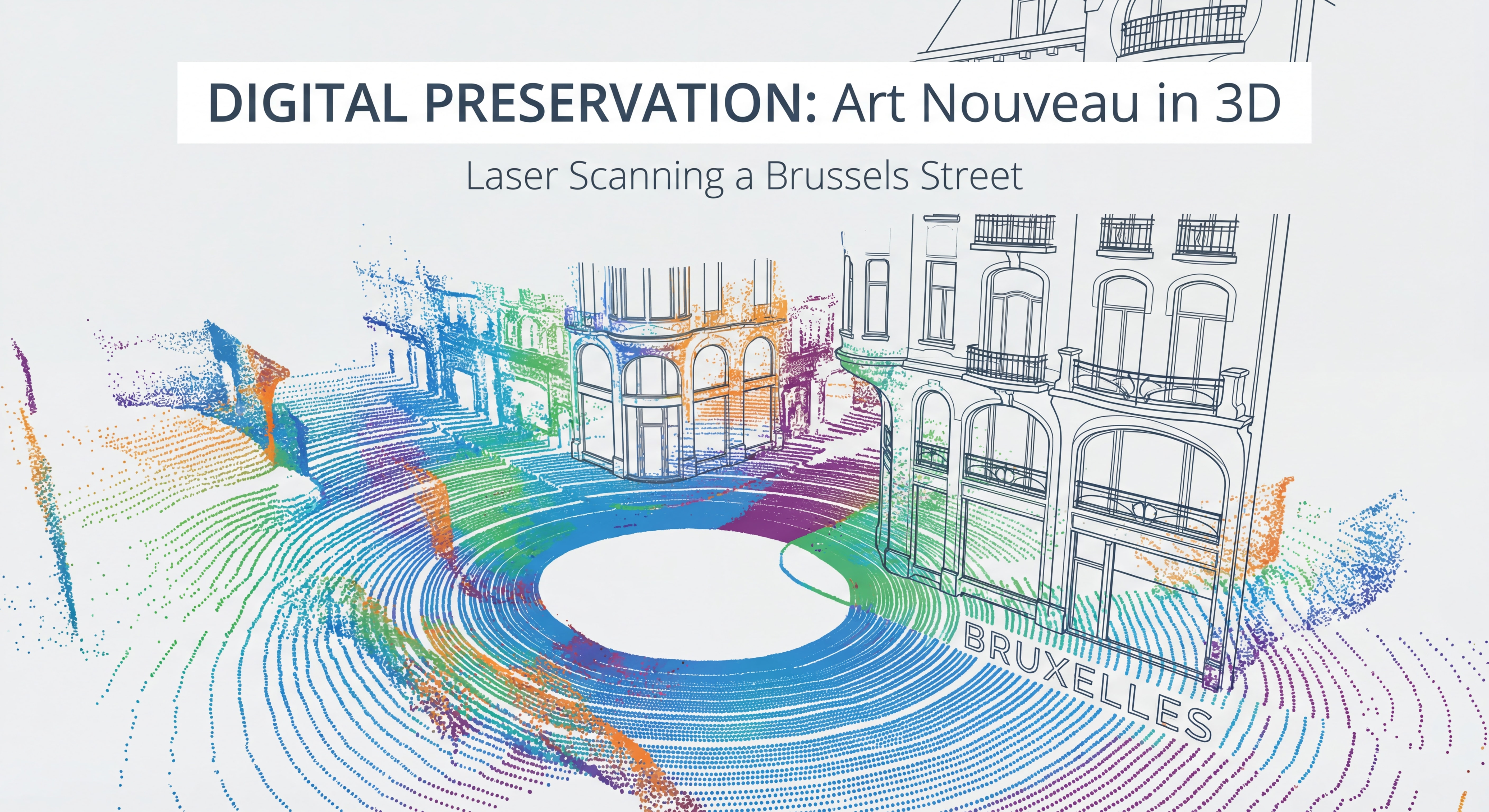 Nuage de points 3D coloré d'une rue bruxelloise avec bâtiments Art Nouveau numérisés par scanner laser