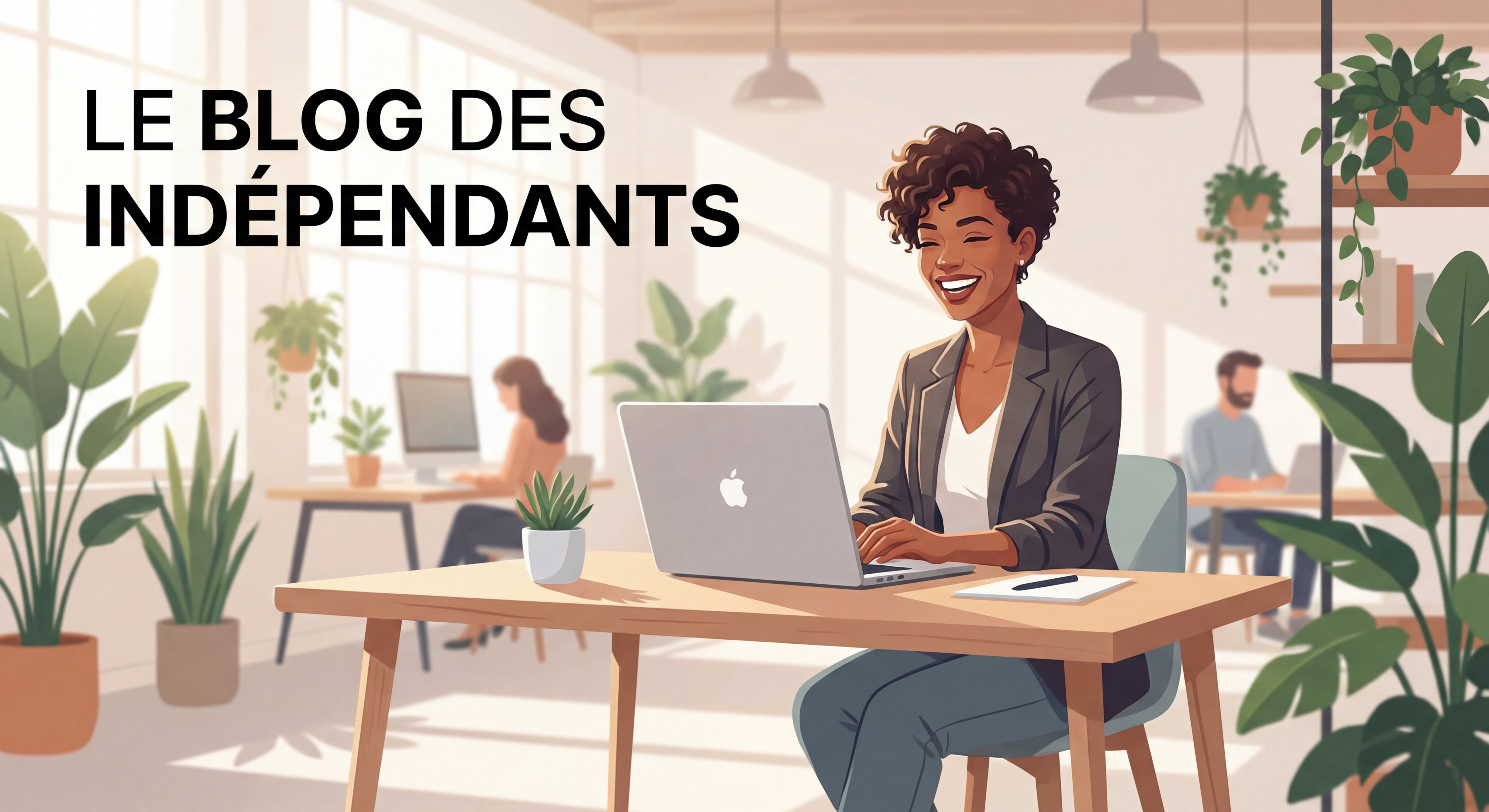 Indépendant(e) confiant(e) souriant(e) devant un laptop dans un espace de coworking moderne et lumineux, posture assurée, bureau épuré