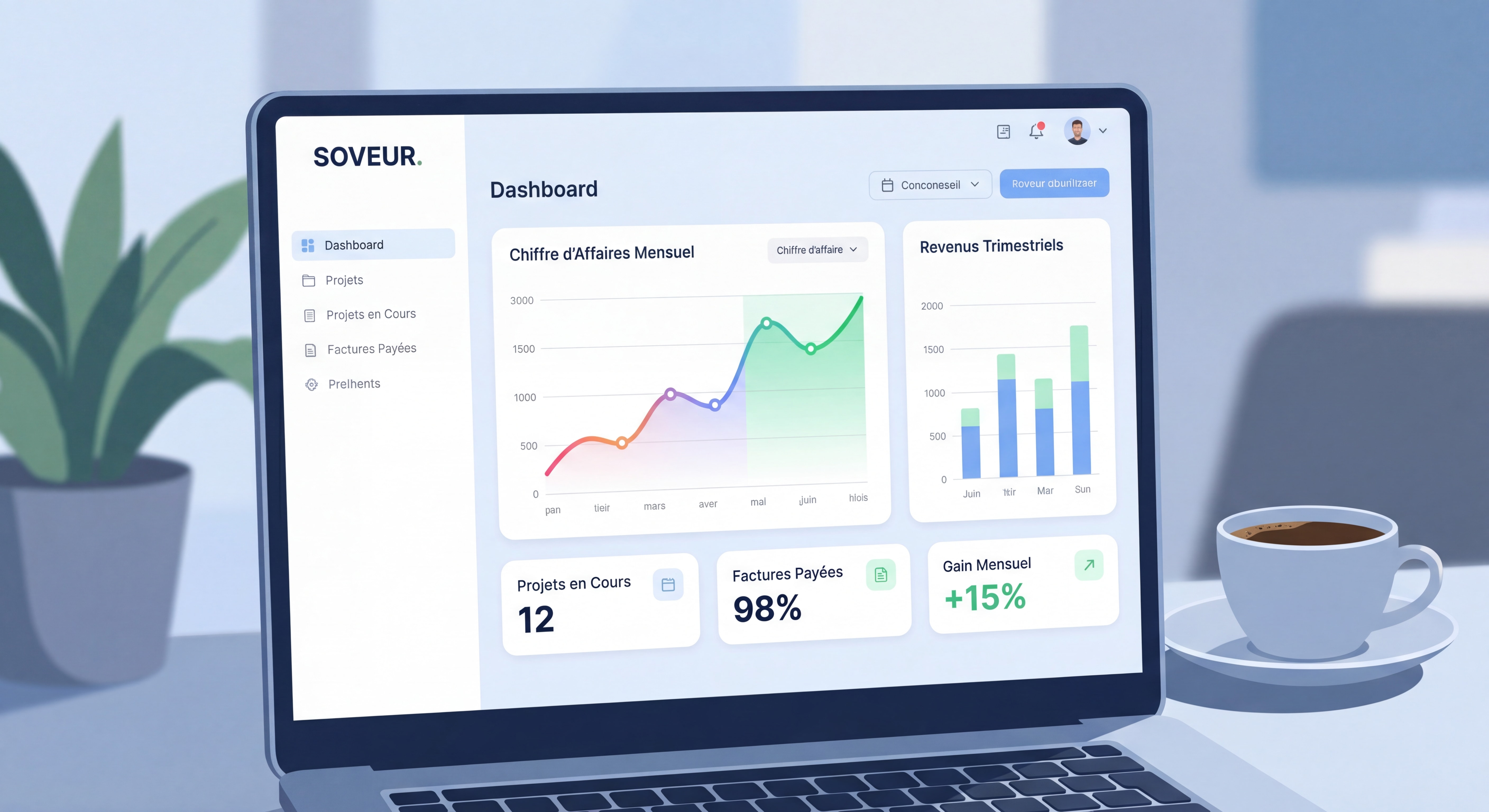 Dashboard moderne d'outil de gestion freelance (Soveur) montrant un suivi de CA avec graphiques ascendants, interface clean et données inspirantes