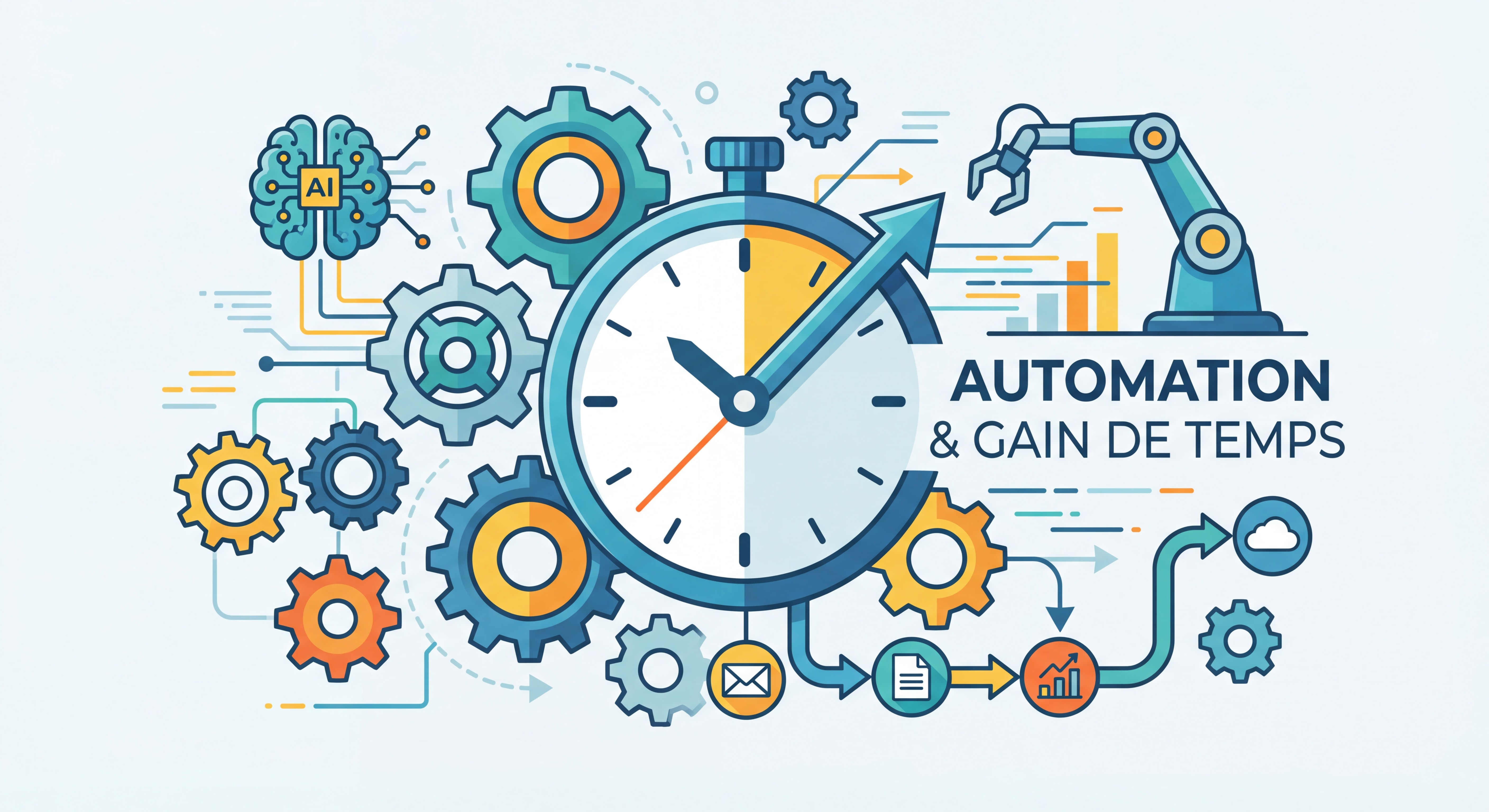 Illustration flat design moderne représentant l'automation et le gain de temps : engrenages connectés, horloge, outils IA, flux de travail automatisés, couleurs vives et professionnelles