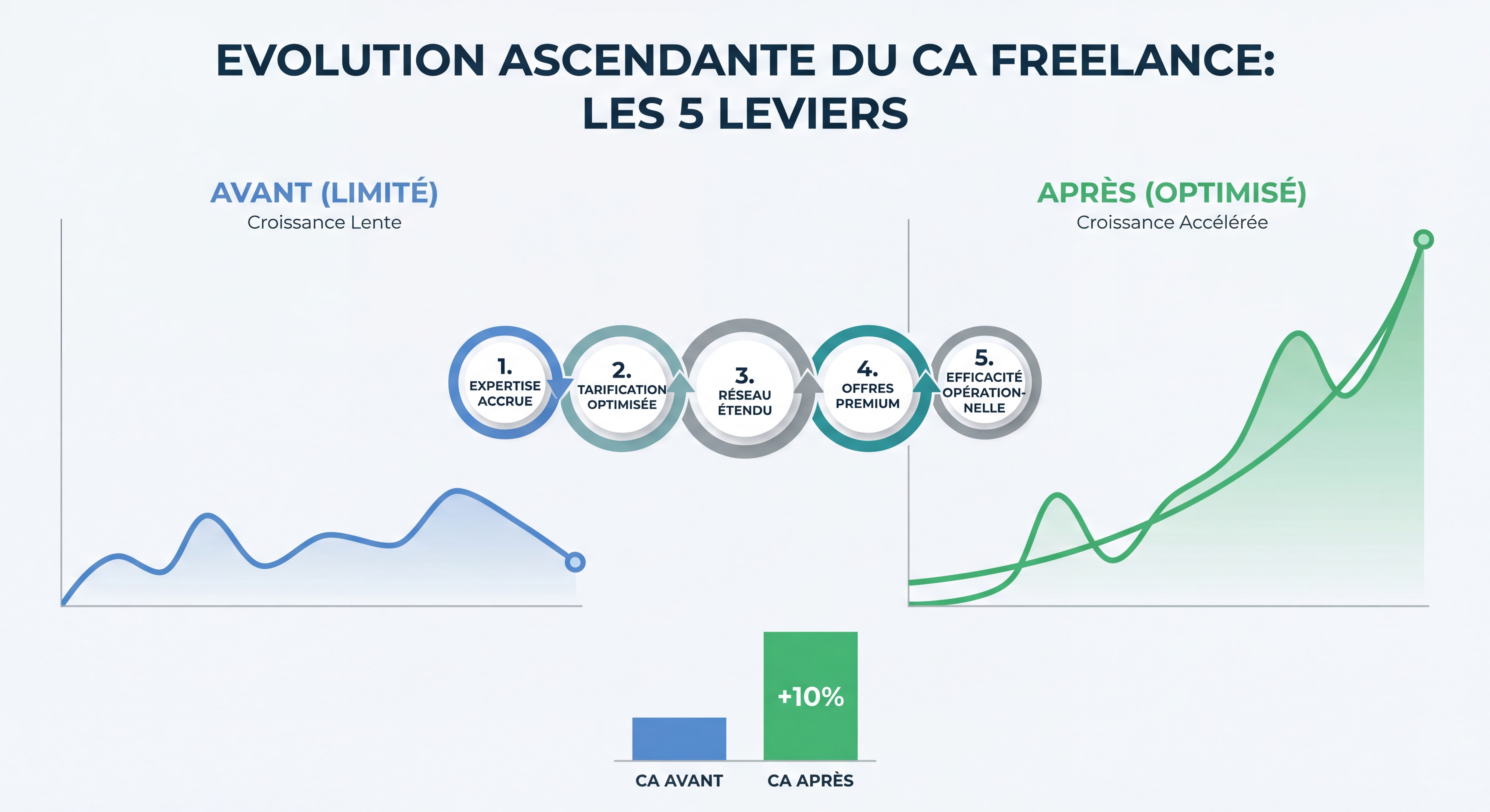 Infographie montrant l'évolution ascendante du CA freelance avec les 5 leviers, courbe avant/après, design data visualization moderne avec couleurs professionnelles