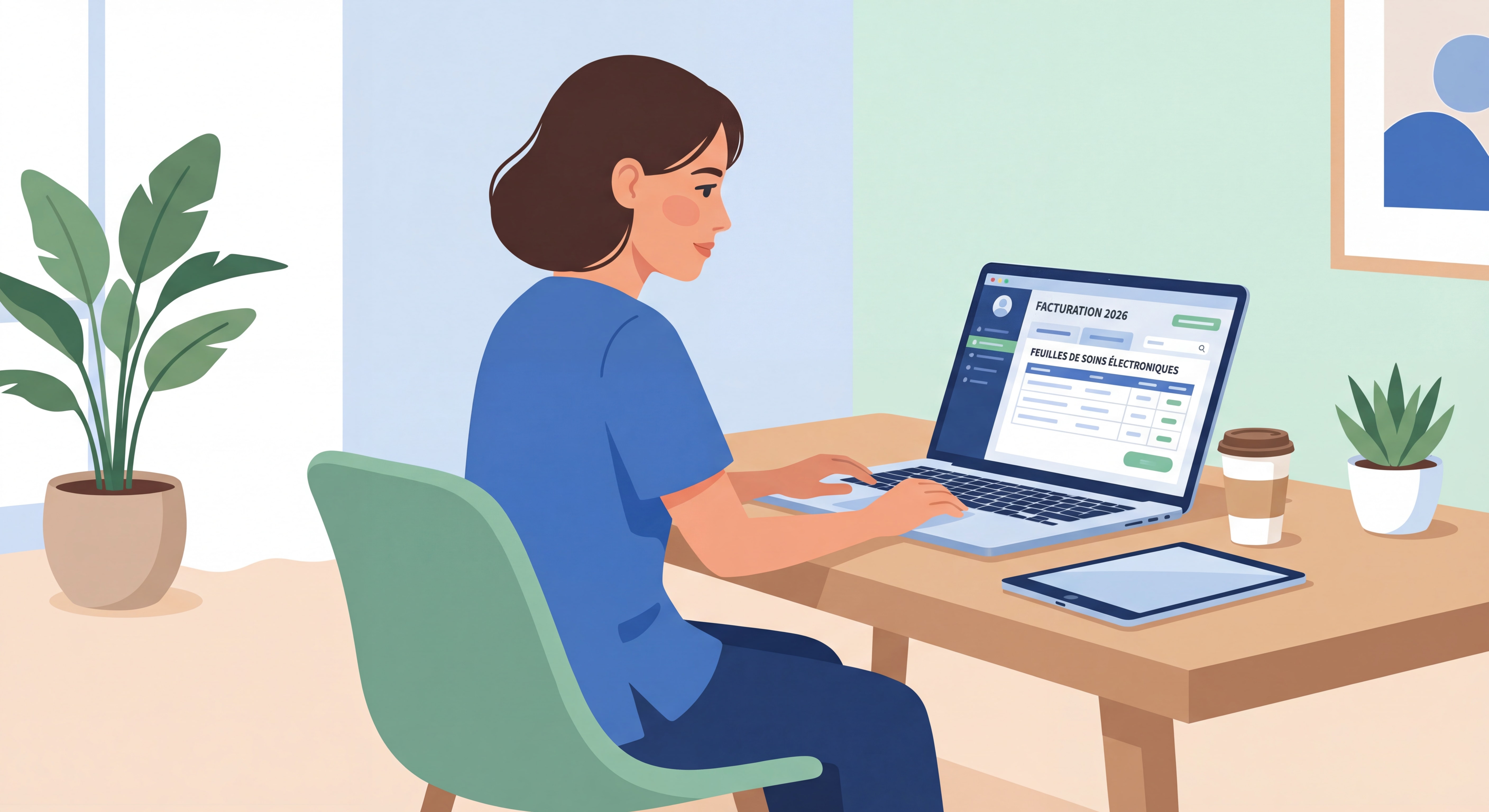 Infirmière libérale à son bureau consultant ses feuilles de soins électroniques sur ordinateur - facturation infirmière libérale 2026