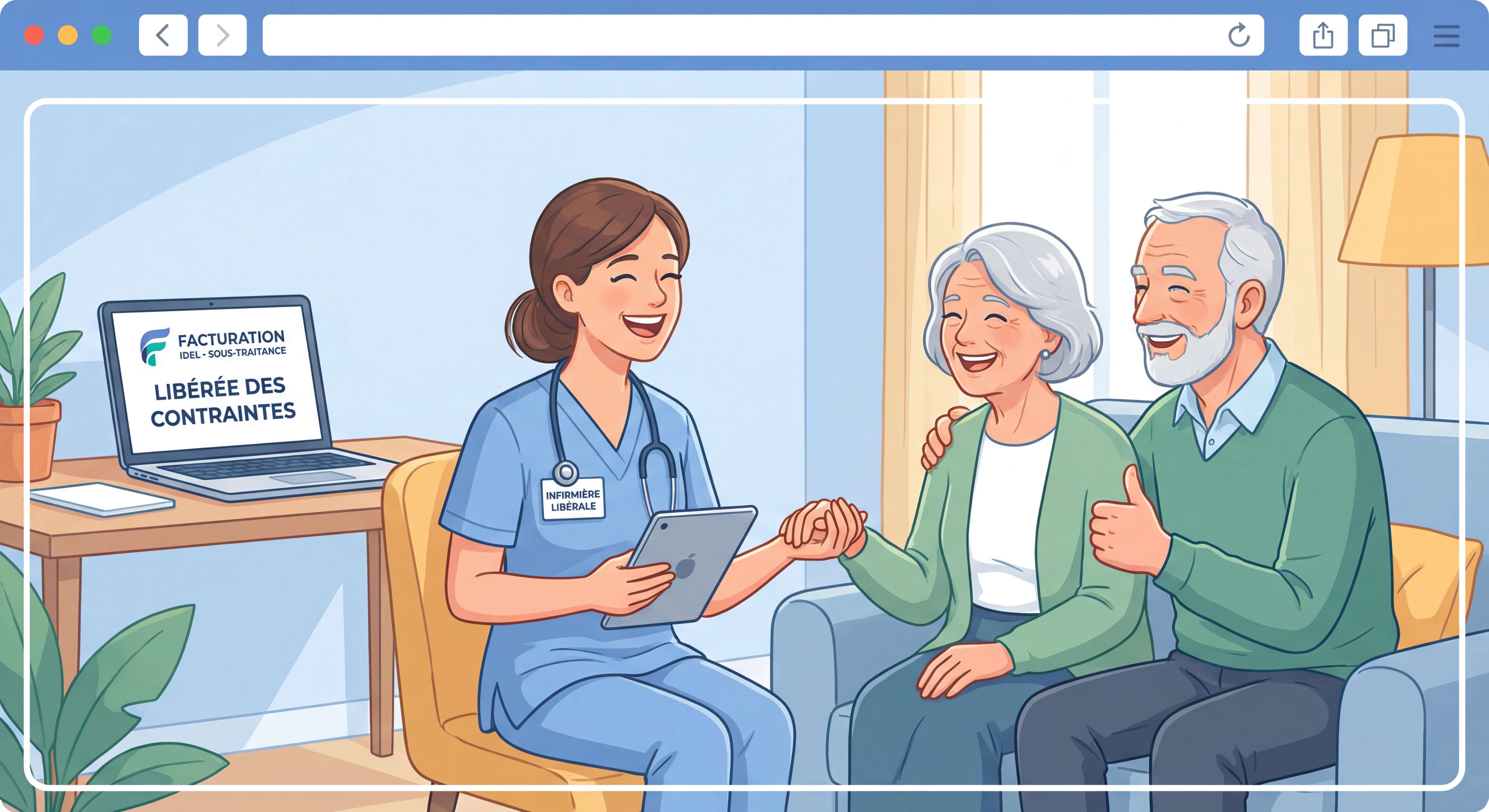 Infirmière libérale souriante avec ses patients à domicile, libérée des contraintes administratives grâce à la sous-traitance de facturation IDEL