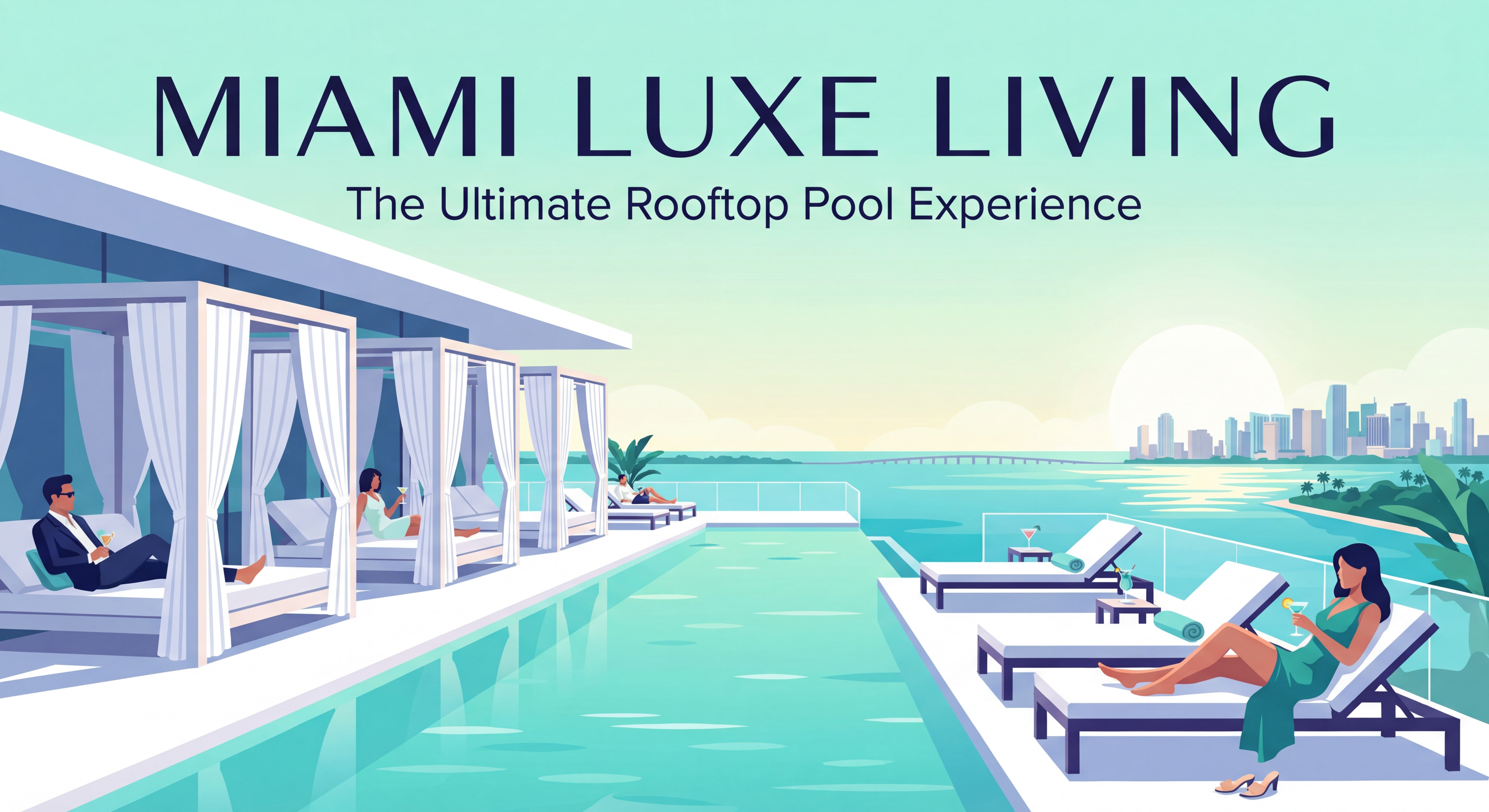 Luxury Miami condo rooftop pool with panoramic ocean and city views, resort-style cabanas and infinity edge overlooking Biscayne Bay