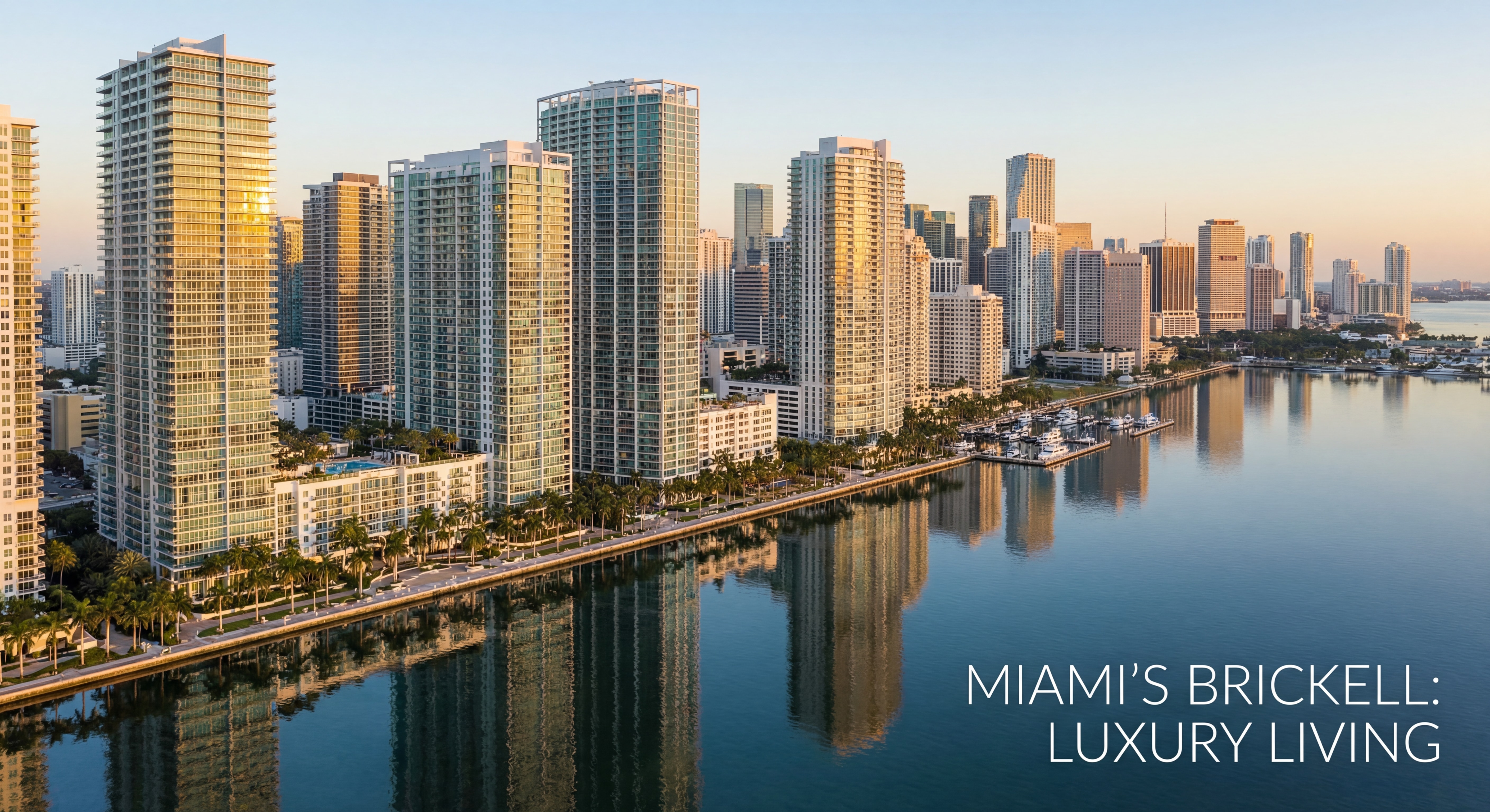 Stunning aerial drone shot of Miami's Brickell skyline at golden hour with Biscayne Bay reflecting luxury high-rise towers