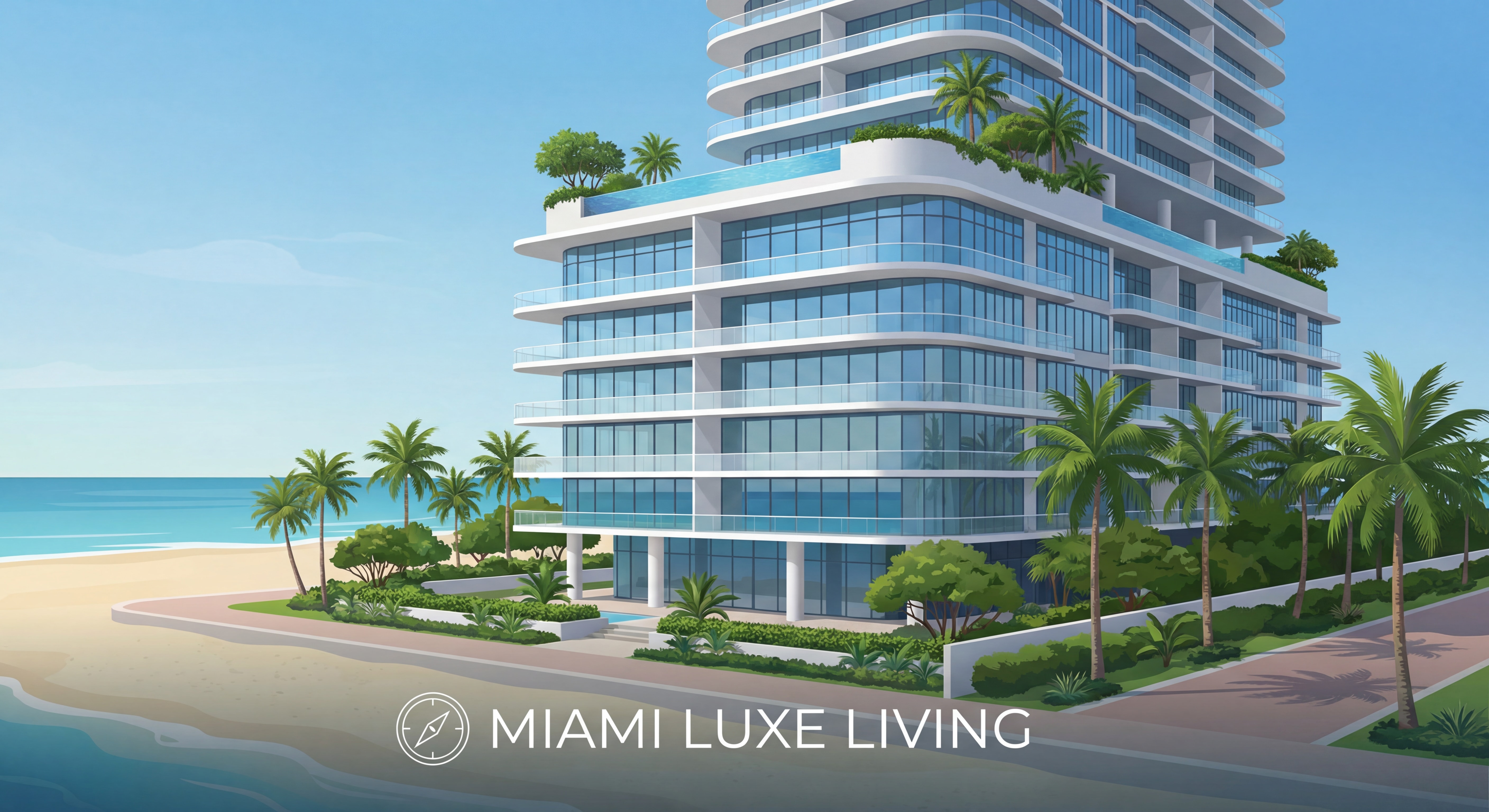 Luxury Miami new construction condo building exterior at Miami Beach with palm trees, architectural details and tropical landscaping