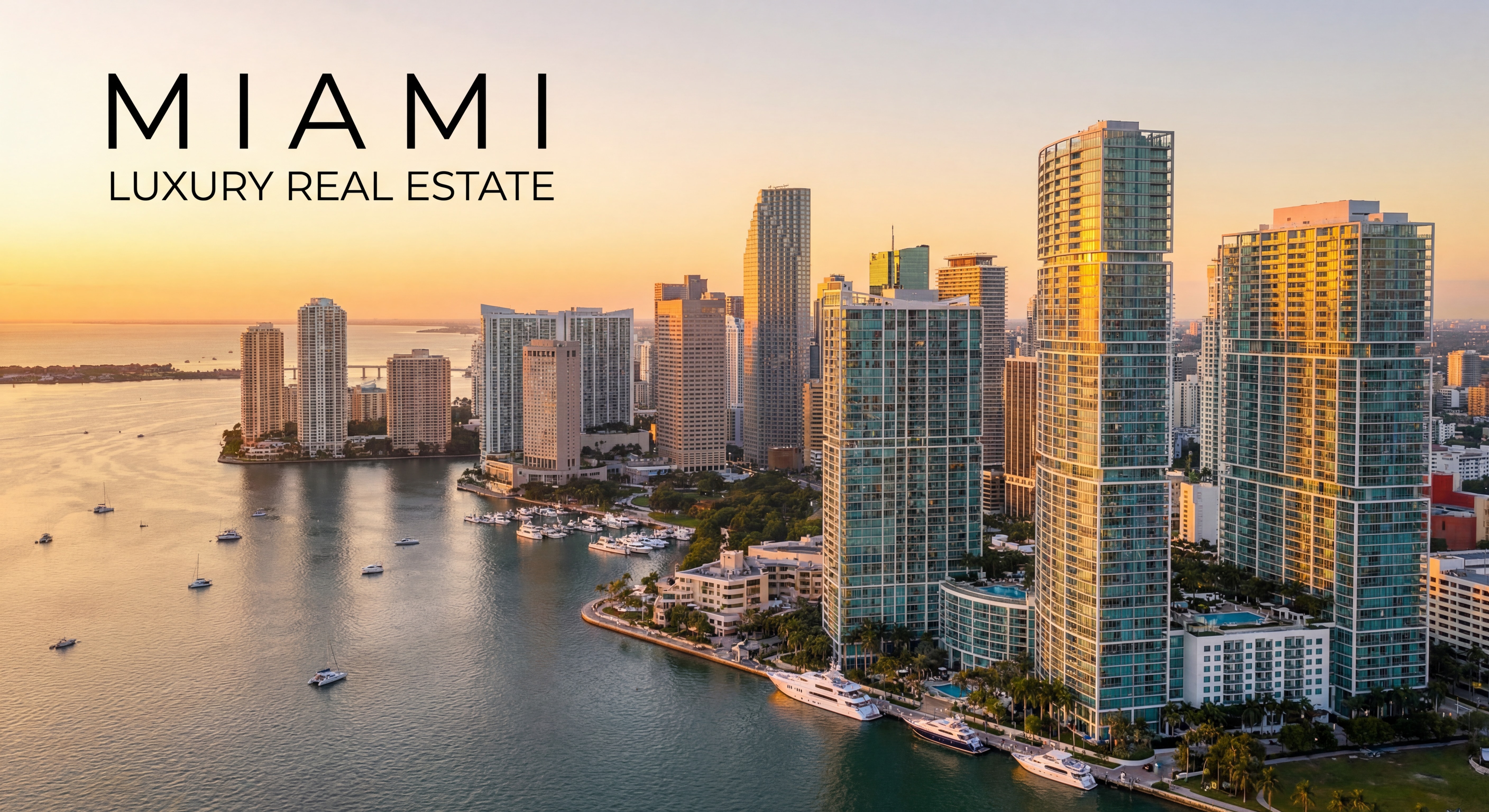 Aerial sunset view of Miami's luxury skyline with Brickell towers and Biscayne Bay waterfront reflecting golden light