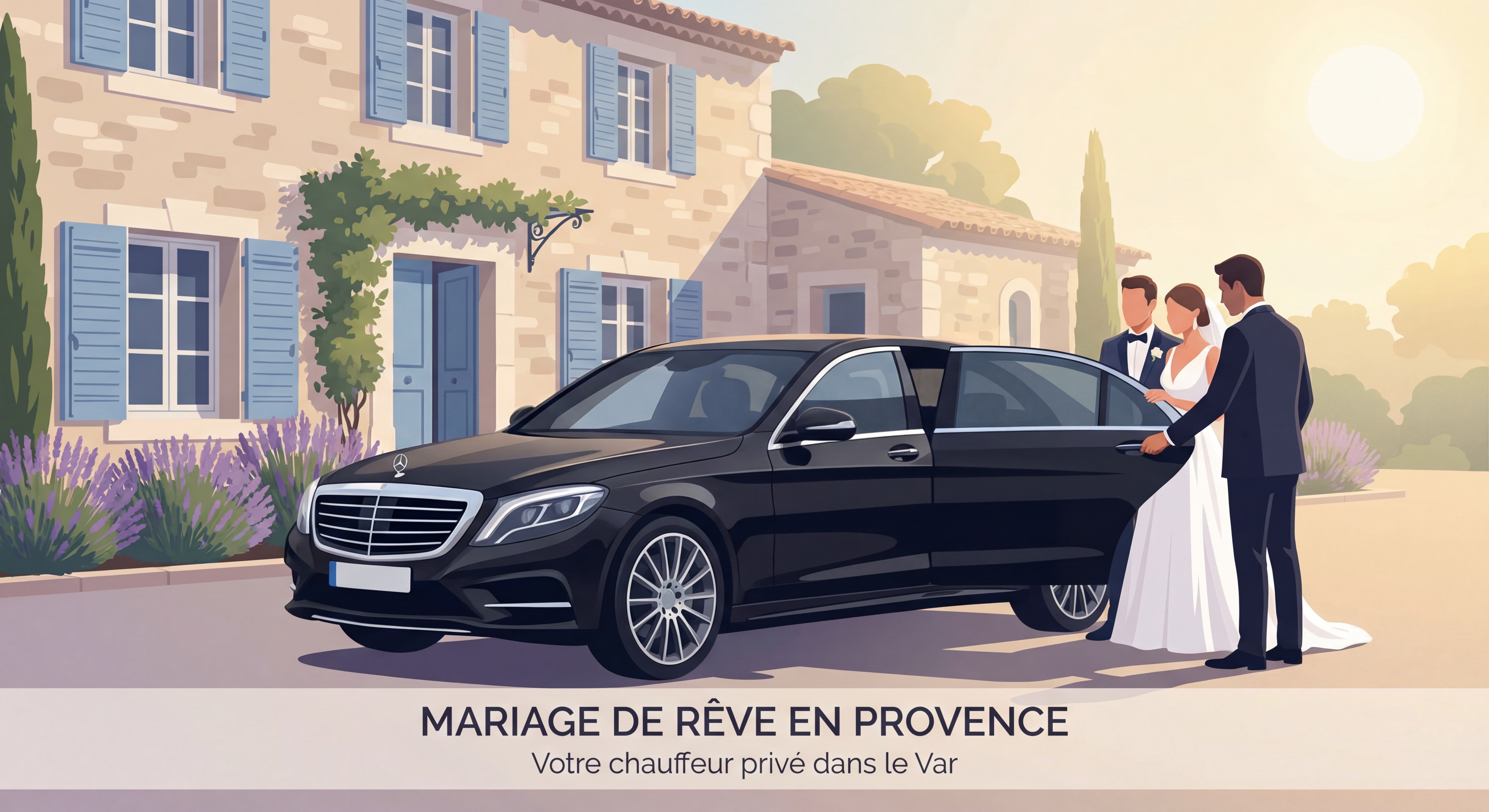 chauffeur privé mariage dans le Var devant un mas provençal en Mercedes noire