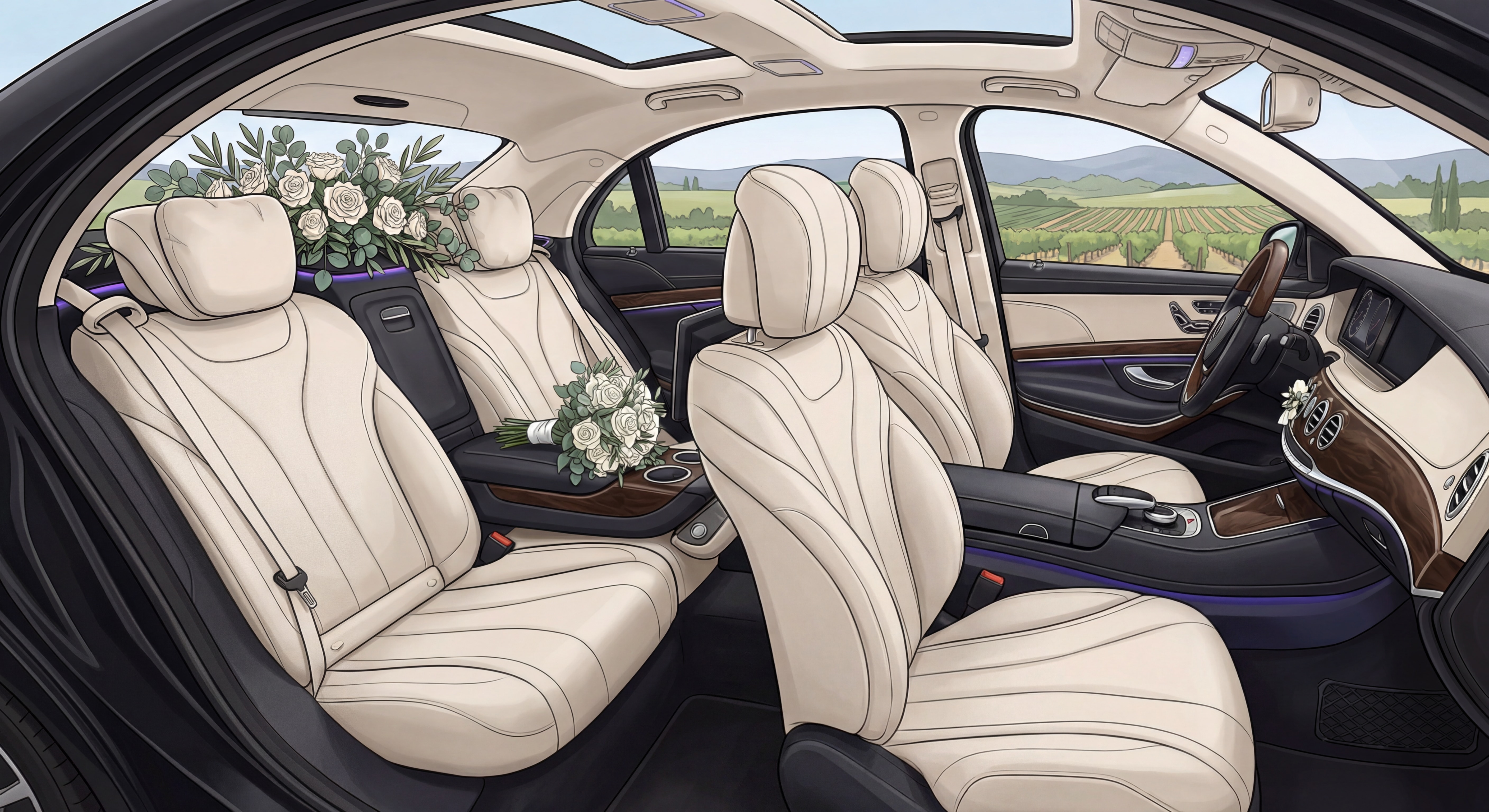 intérieur luxueux d'une Mercedes Classe S noire pour mariage dans le Var avec décoration florale
