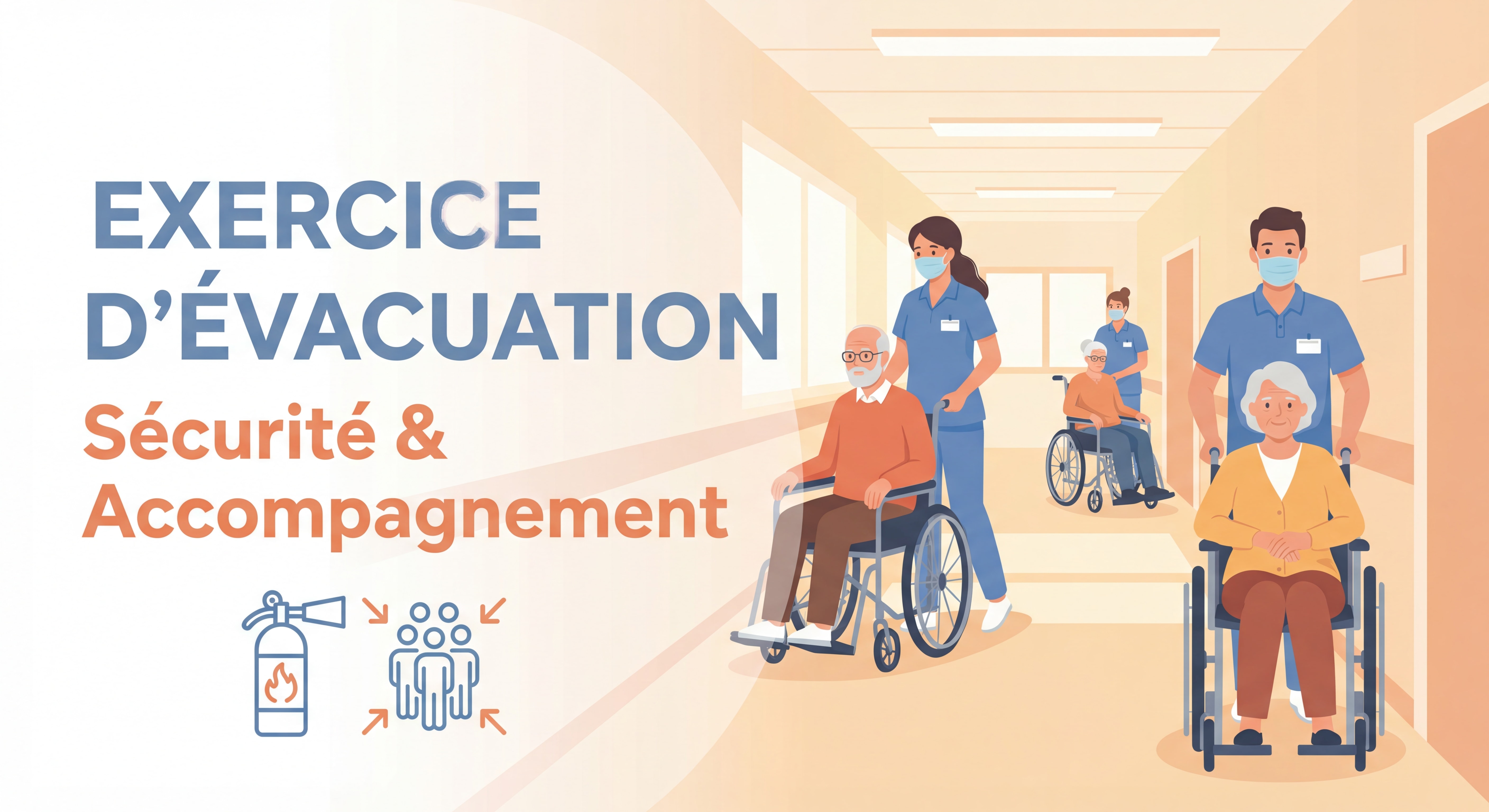 Exercice d'évacuation incendie dans un EHPAD avec personnel soignant accompagnant des résidents en fauteuil roulant