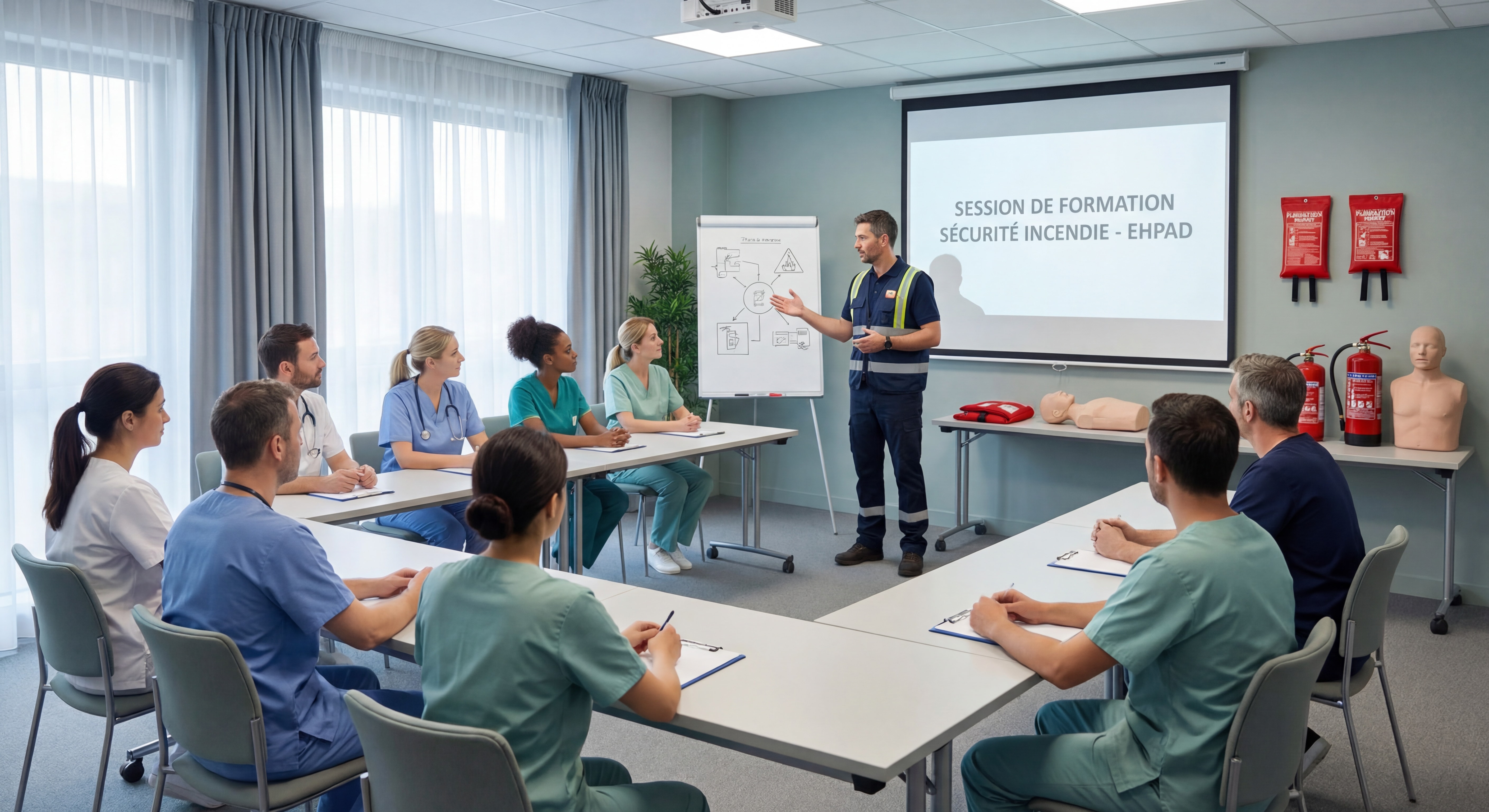 Session de formation sécurité incendie pour personnel soignant d'EHPAD avec formateur professionnel et matériel pédagogique