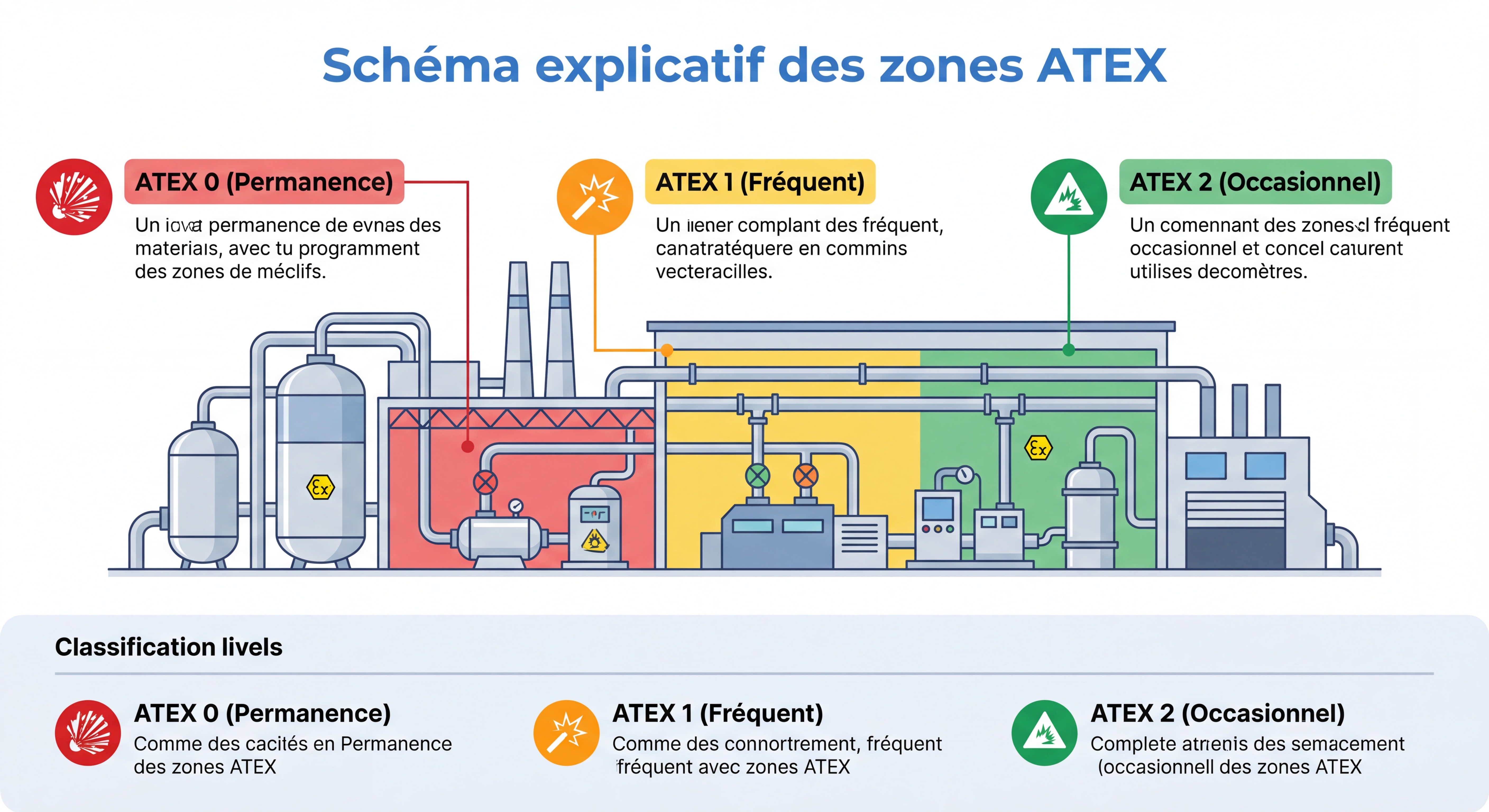 Schéma explicatif des zones ATEX dans un environnement industriel - classification ATEX 0 ATEX 1 ATEX 2 atmosphères explosives
