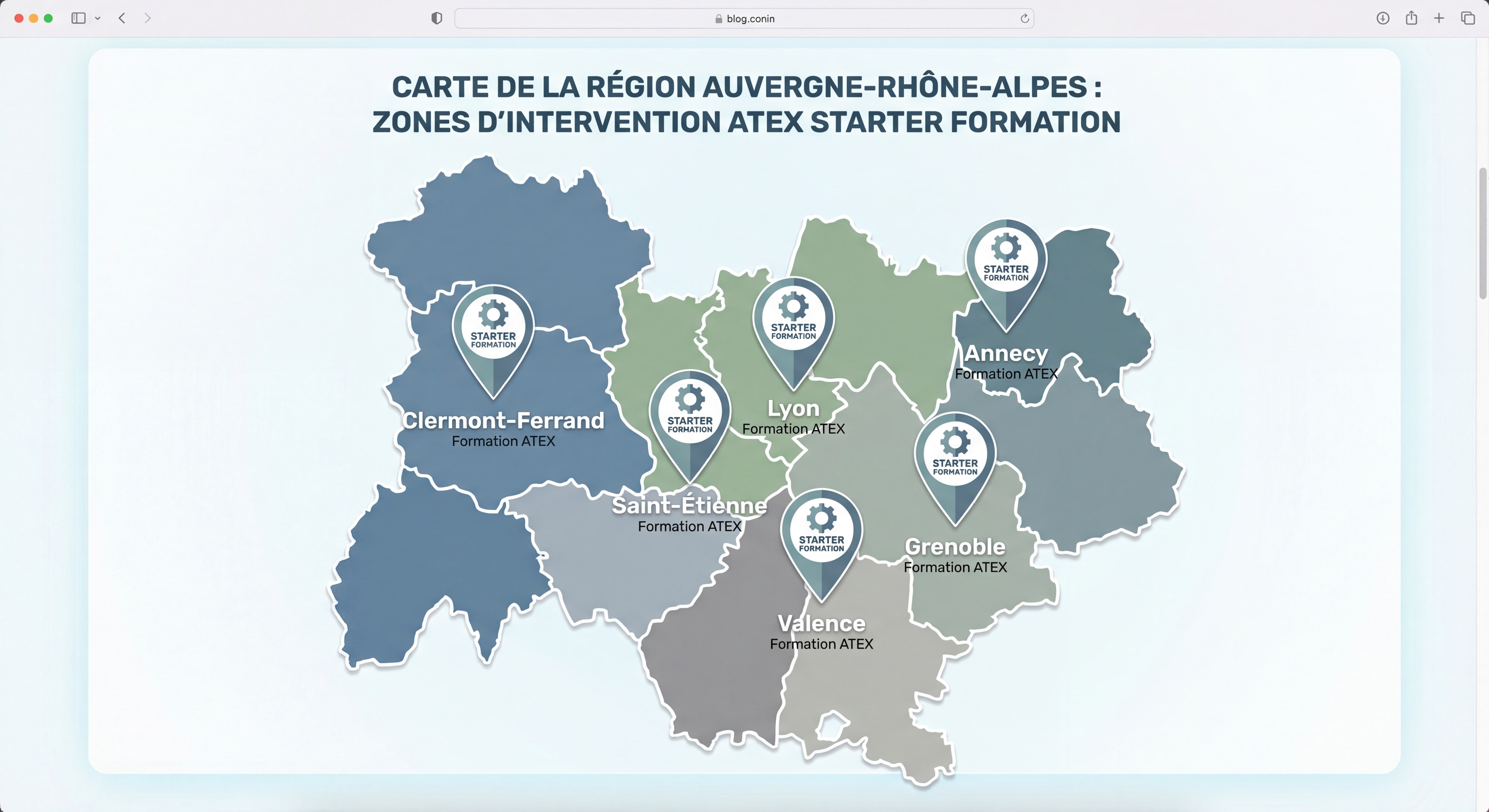 Carte de la région Auvergne-Rhône-Alpes avec les villes d'intervention de STARTER FORMATION pour les formations ATEX