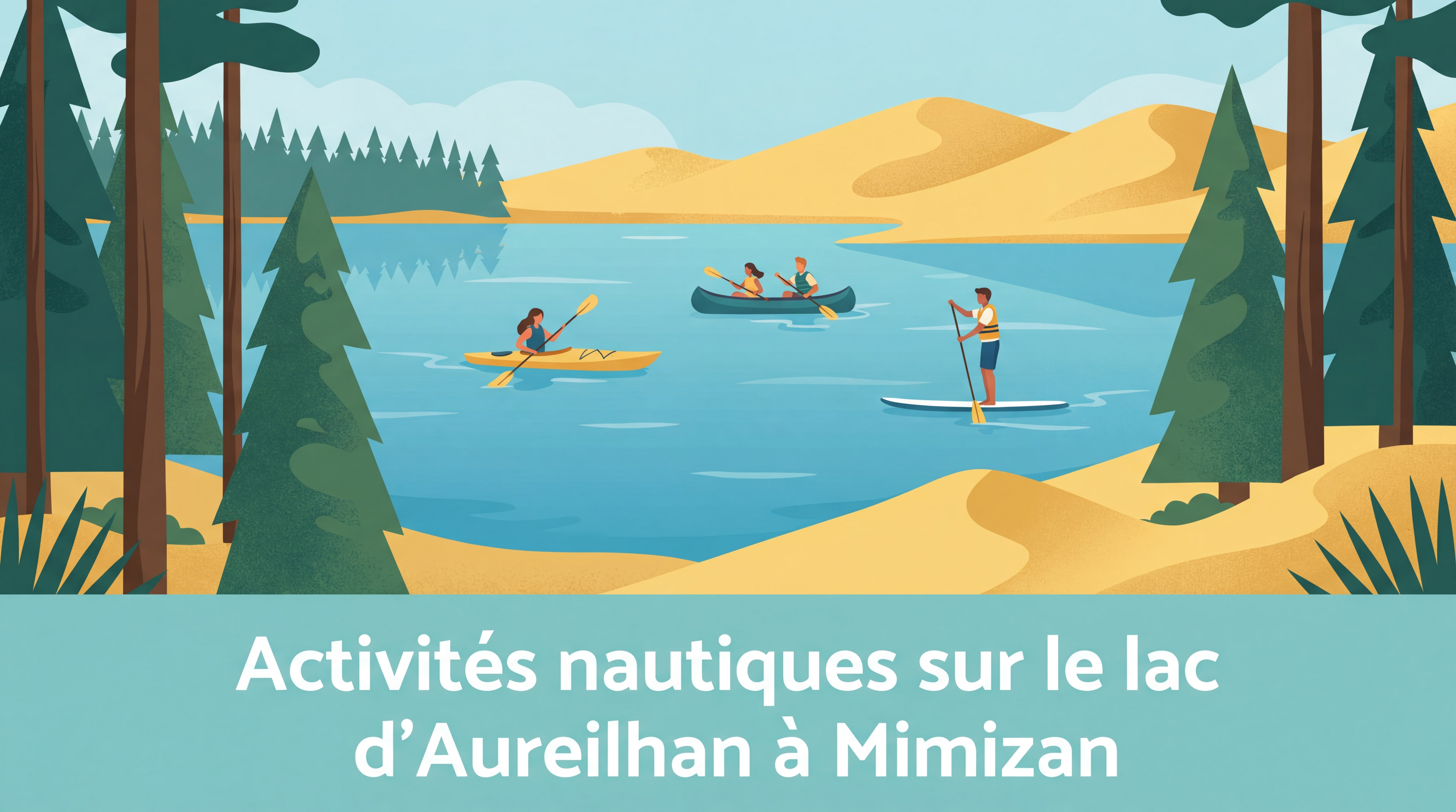 Activités nautiques sur le lac d'Aureilhan à Mimizan, canoë kayak et stand-up paddle sur eau calme entourée de pins landais