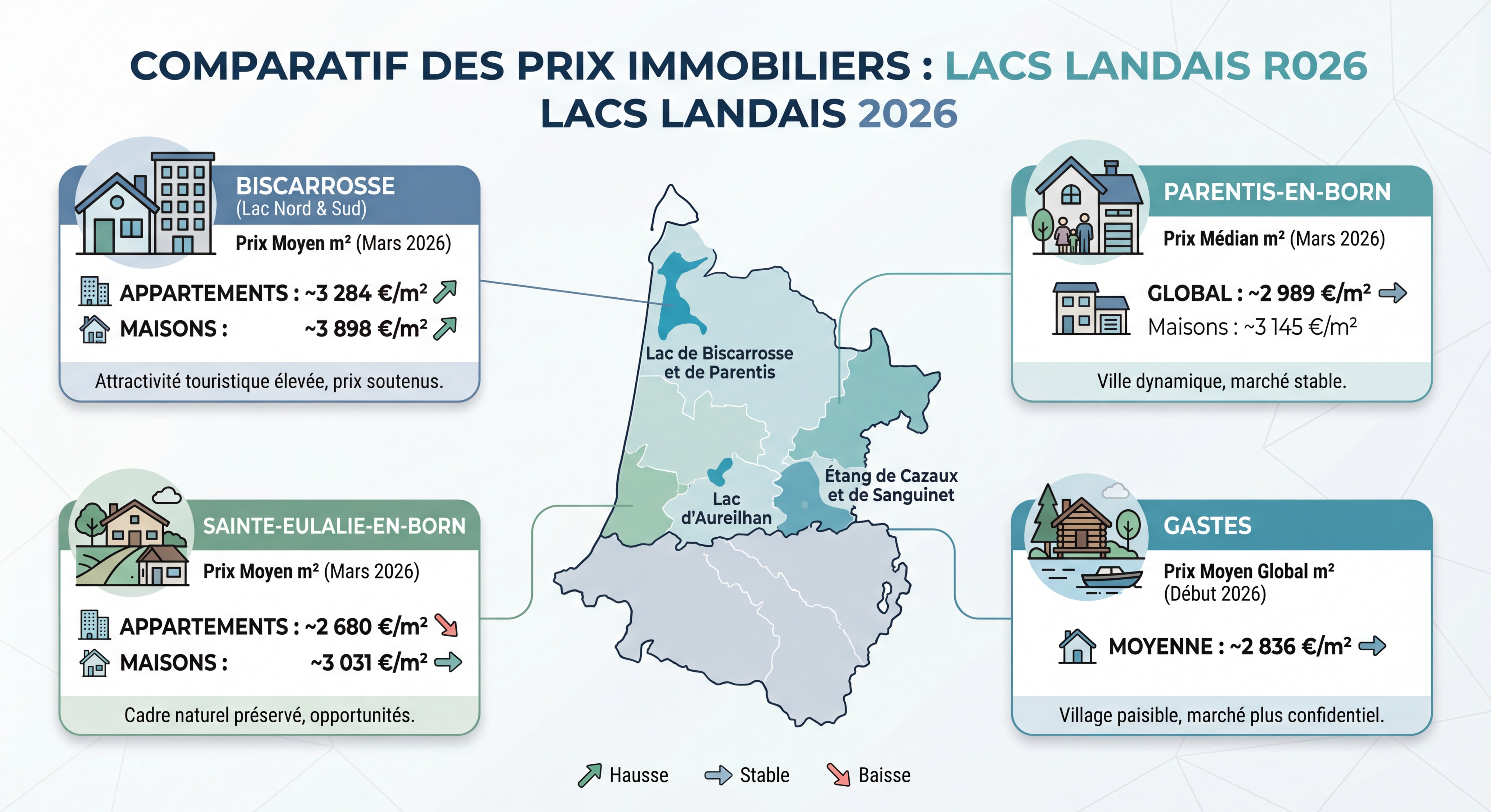 Infographie comparatif des prix immobiliers lacs landais Sainte-Eulalie Gastes Parentis Biscarrosse 2026