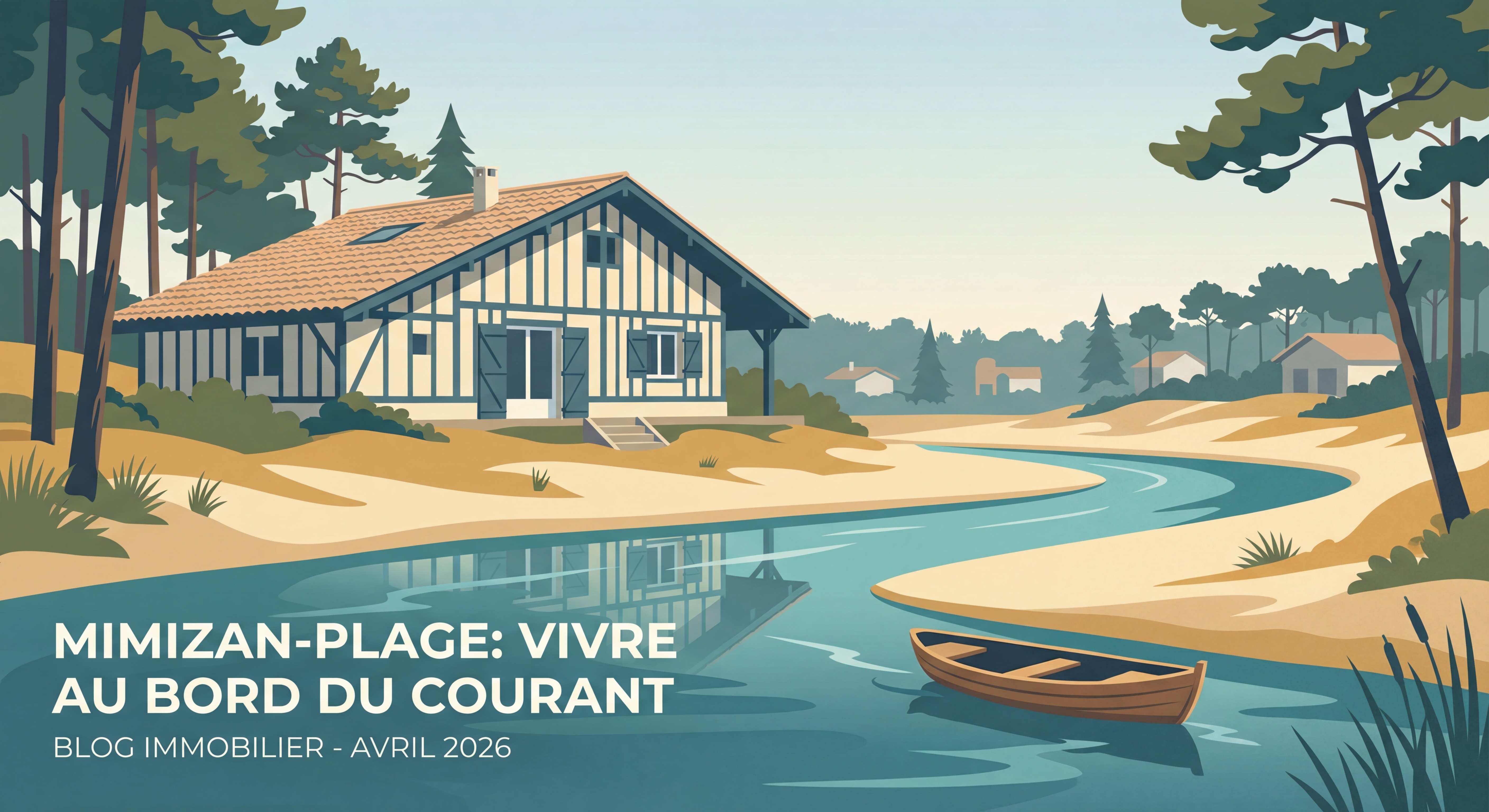 Maison landaise en bord de courant à Mimizan avec vue sur l'eau, environnement forestier et résidentiel typique du secteur