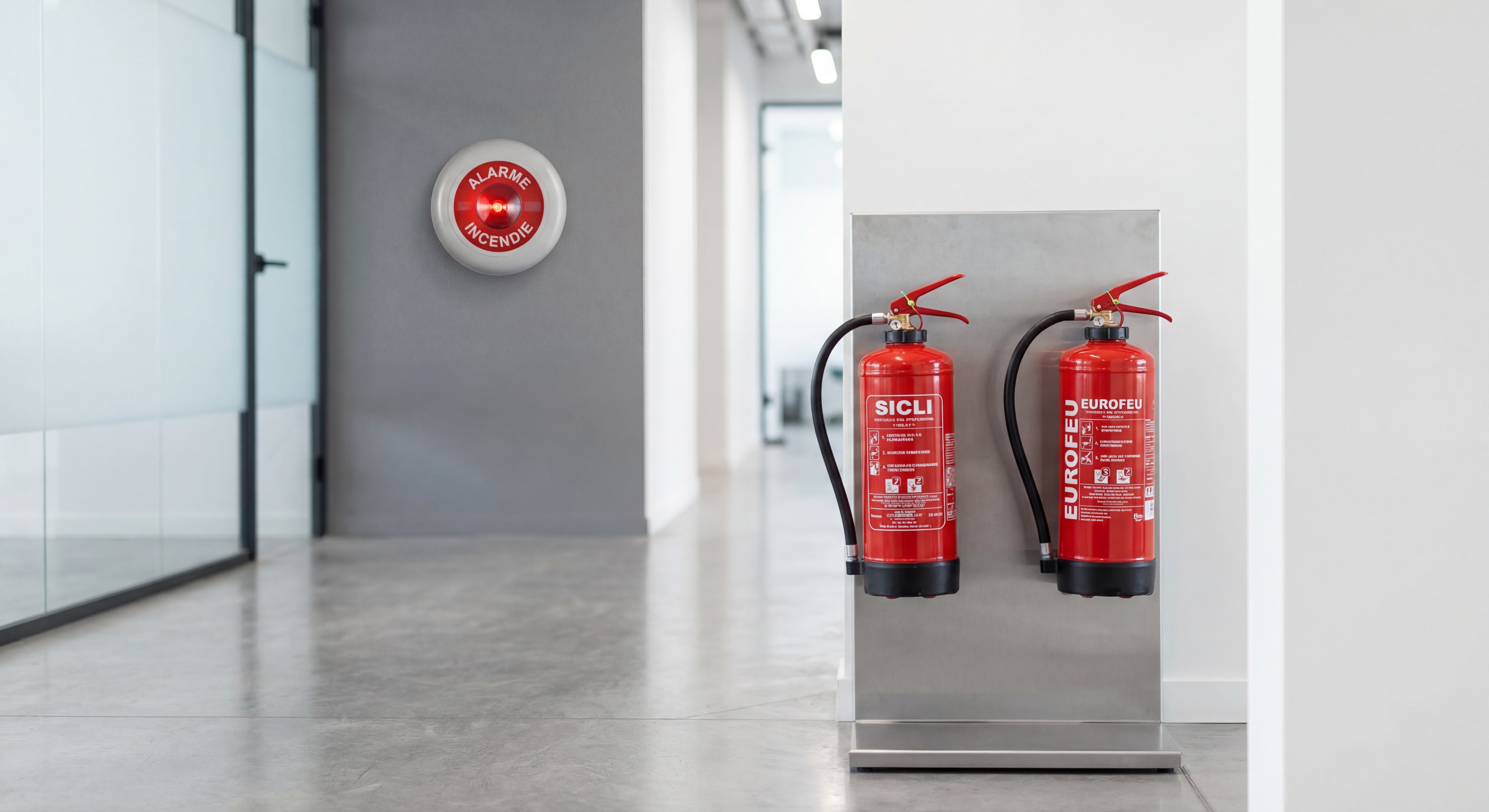 Extincteur Sicli et Eurofeu côte à côte dans un couloir d'entreprise, avec alarme incendie murale visible en arrière-plan — matériel de sécurité incendie professionnel