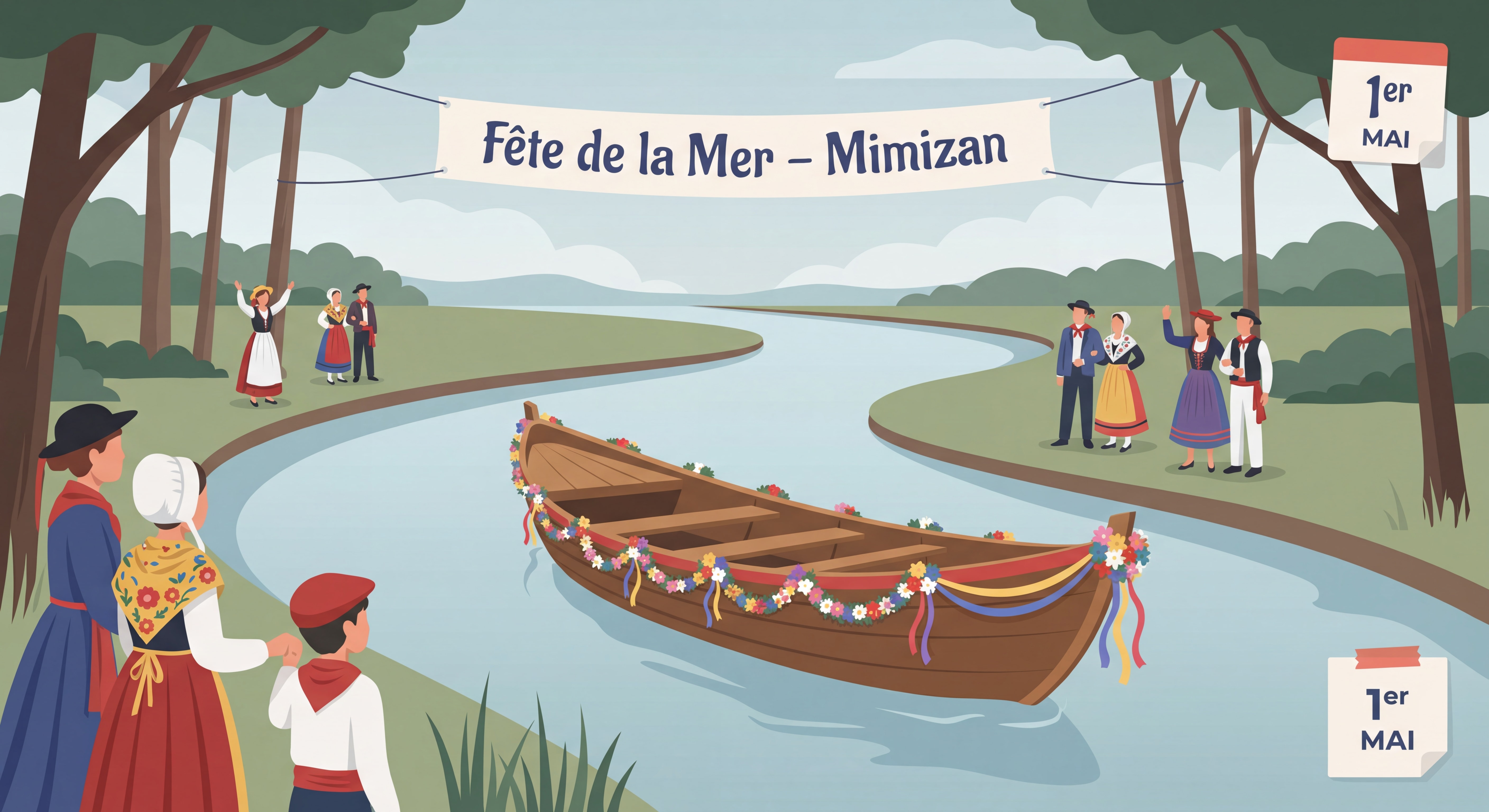 Pinasse landaise décorée de fleurs sur le courant de Mimizan lors de la fête de la mer du 1er mai, tradition séculaire