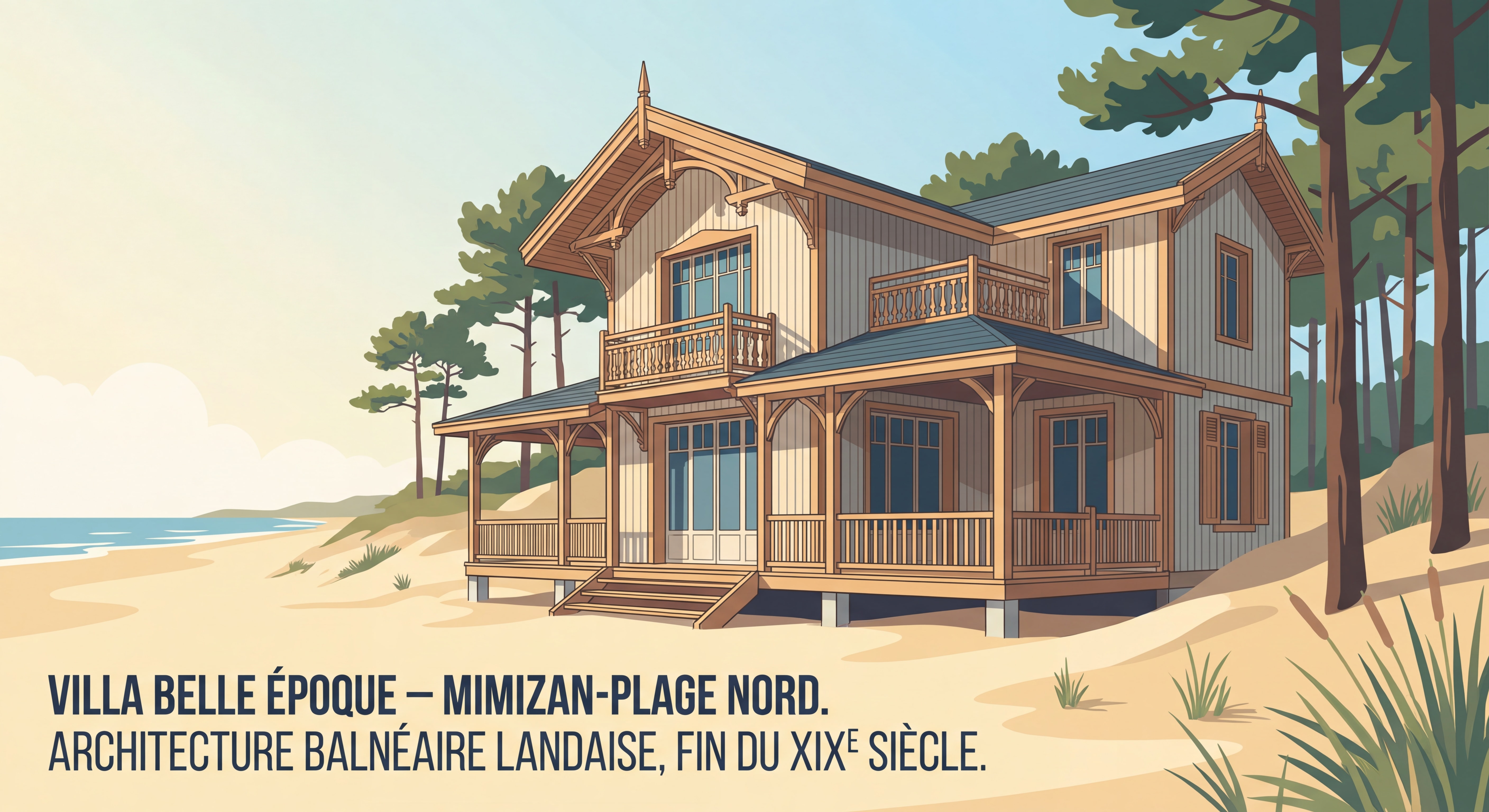 Villa en bois Belle Époque à Mimizan-Plage Nord, exemple d'architecture balnéaire landaise typique de la fin du XIXe siècle