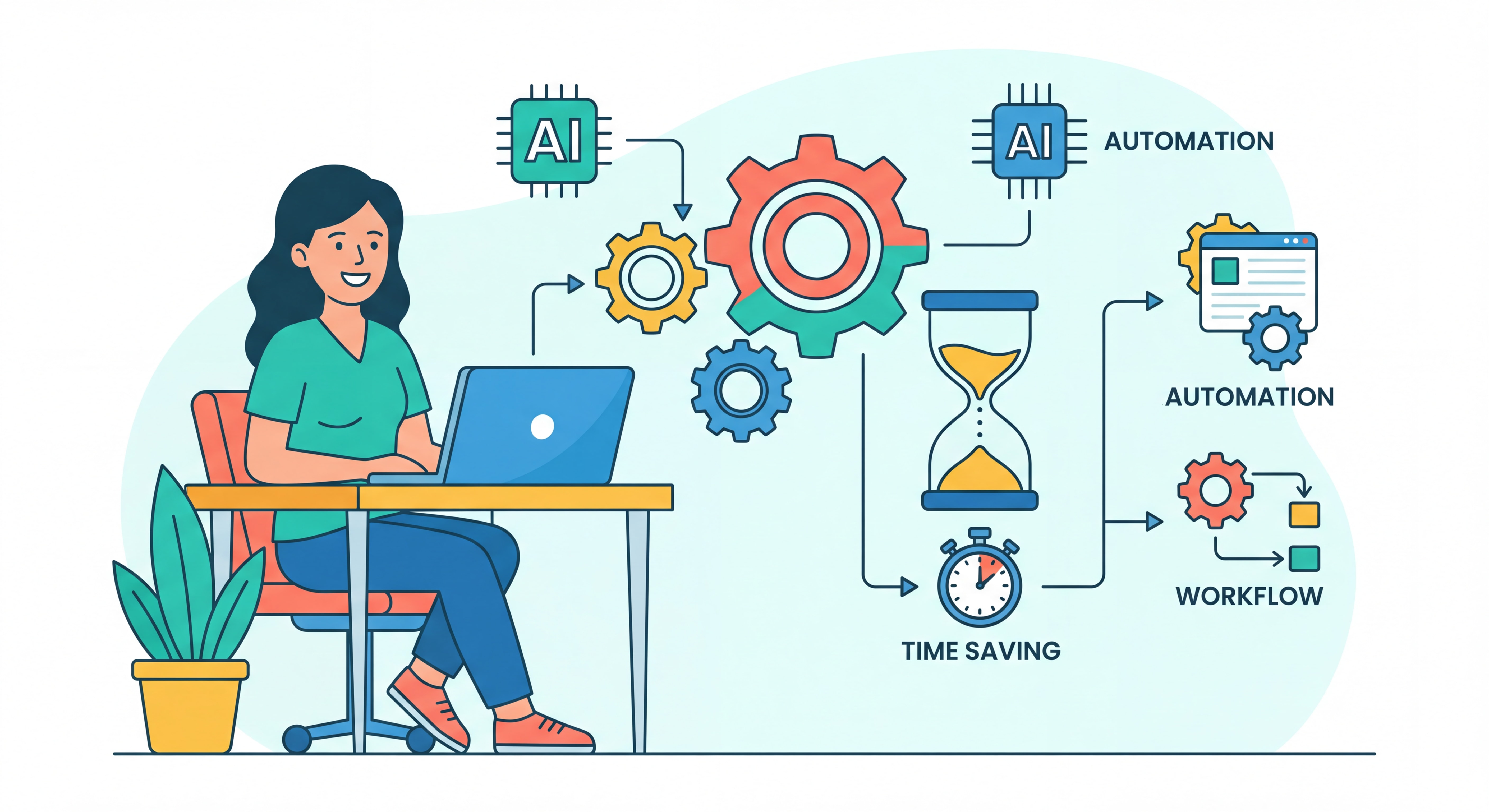 Illustration flat design moderne représentant l'automation et le gain de temps pour freelance : engrenages connectés, horloge, outils IA, workflows automatisés, couleurs vives et épurées