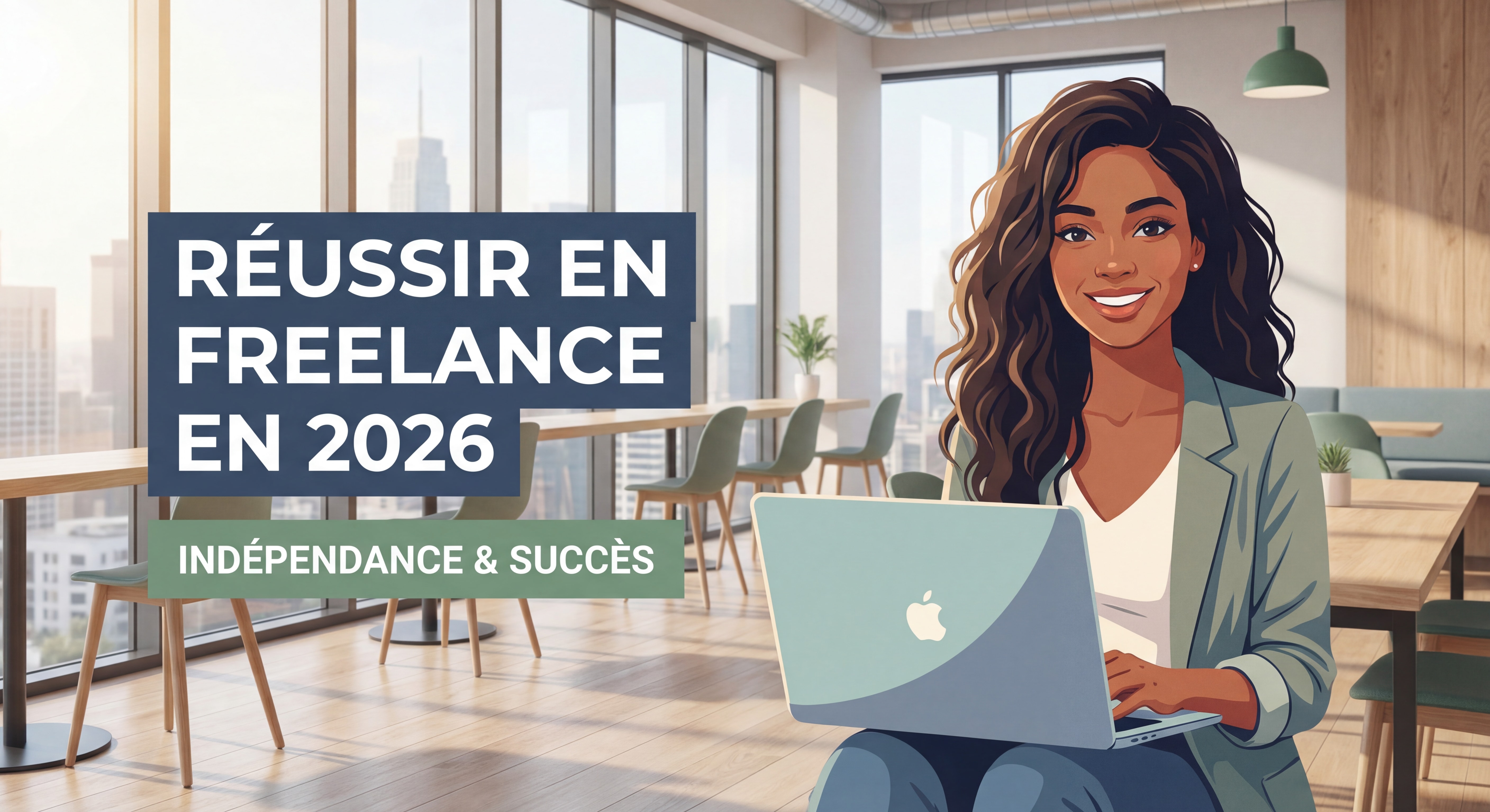 Indépendant(e) confiant(e) souriant devant son laptop dans un espace de travail moderne et lumineux, symbolisant la réussite en freelance en 2026