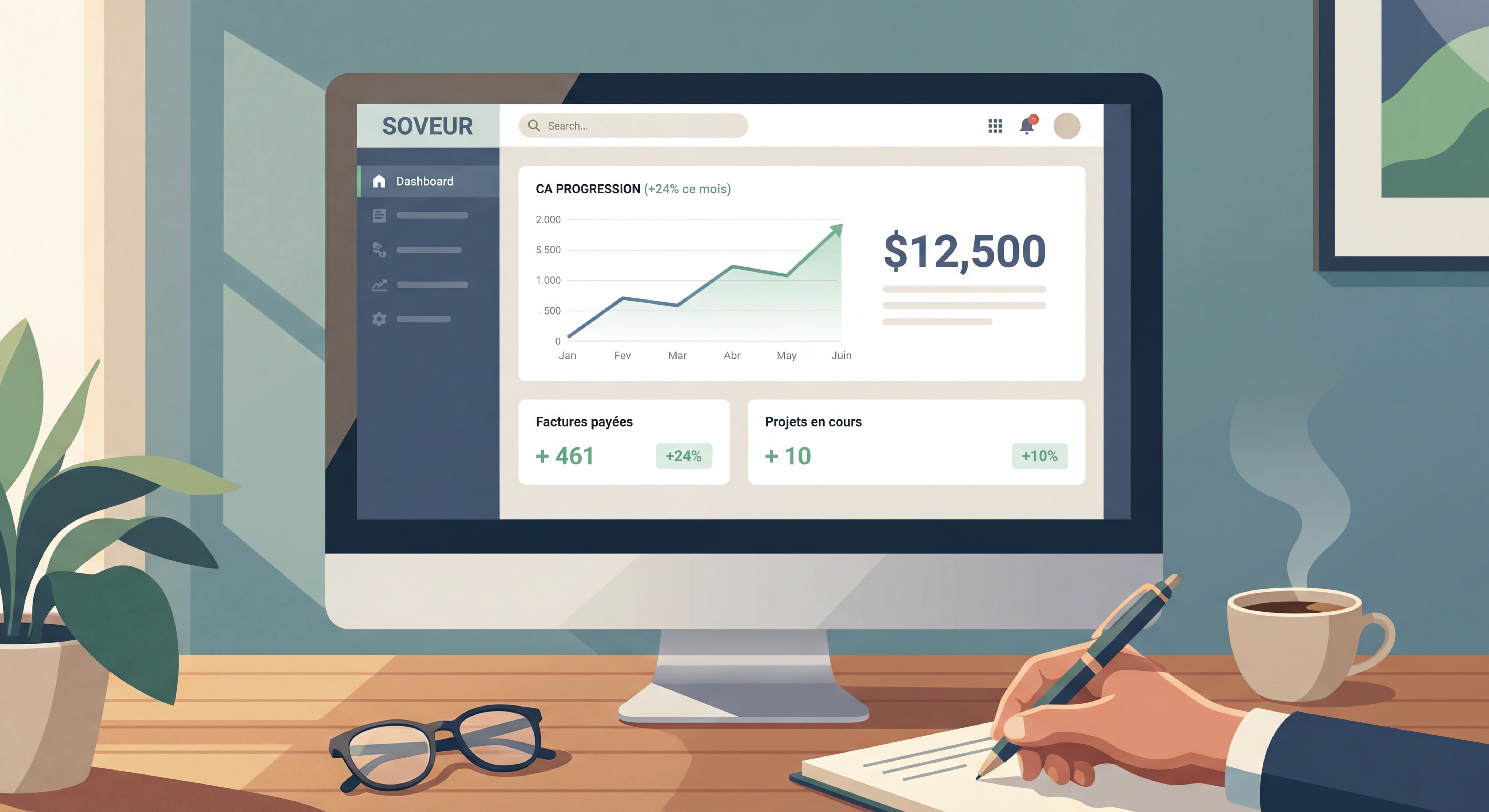 Dashboard moderne d'un outil de gestion freelance type Soveur montrant un suivi de chiffre d'affaires en progression, interface épurée et données inspirantes