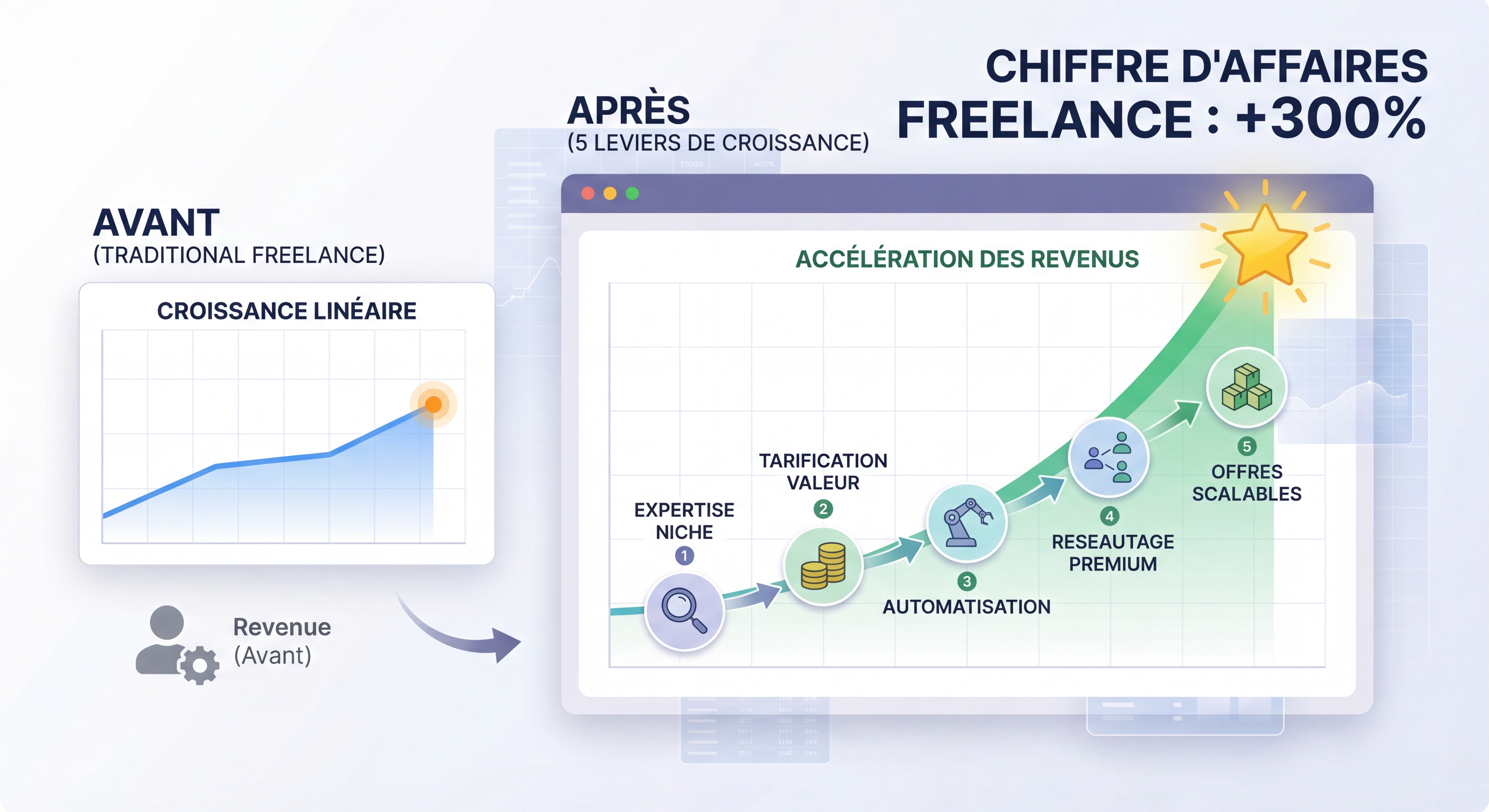 Infographie montrant une courbe ascendante du chiffre d'affaires freelance avec les 5 leviers de croissance appliqués, avant et après comparaison, design moderne data visualization