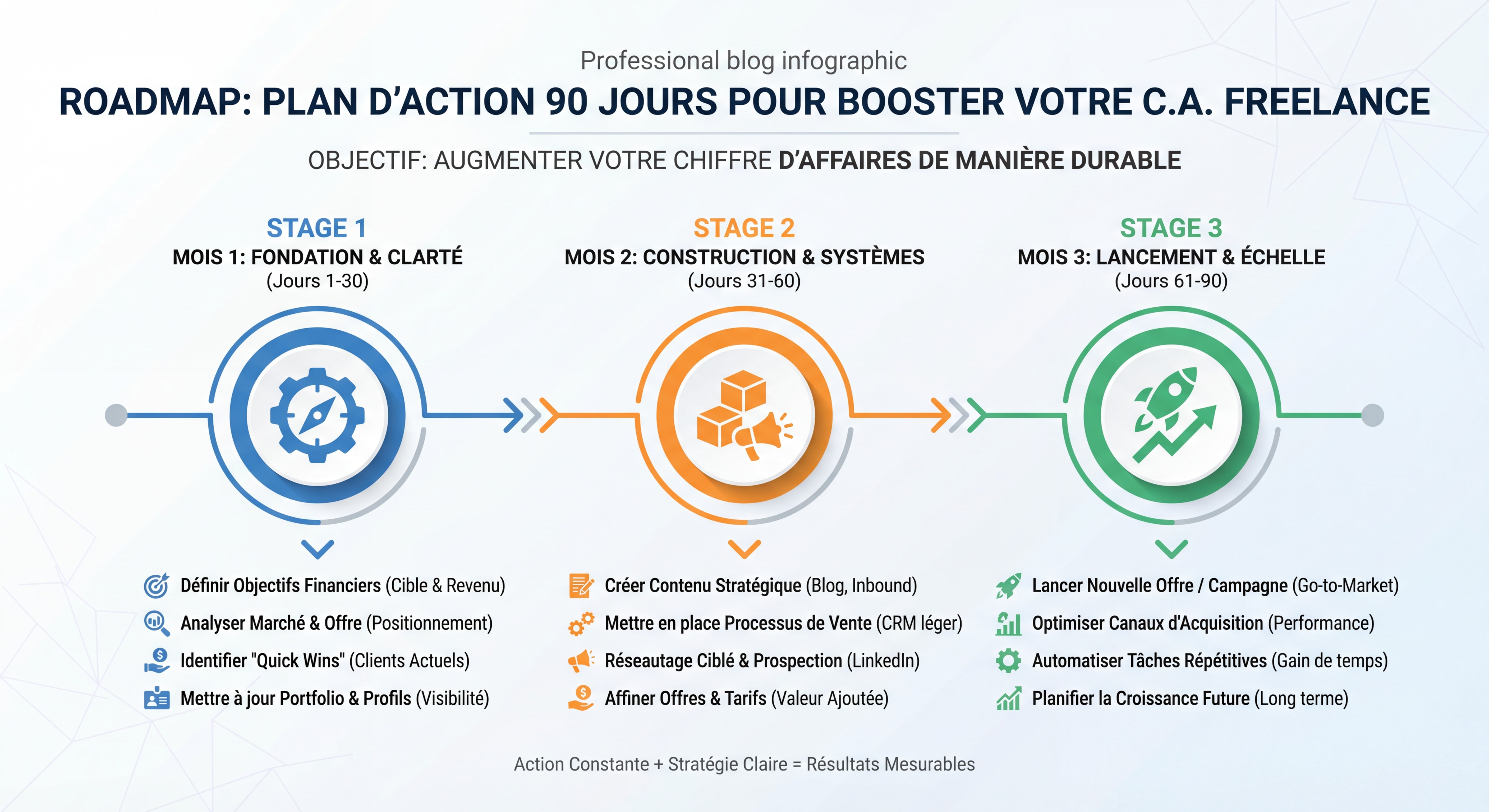 Roadmap / timeline visuelle du plan d'action 90 jours pour augmenter son chiffre d'affaires freelance, avec 3 étapes mensuelles claires et illustrées, style infographie professionnelle