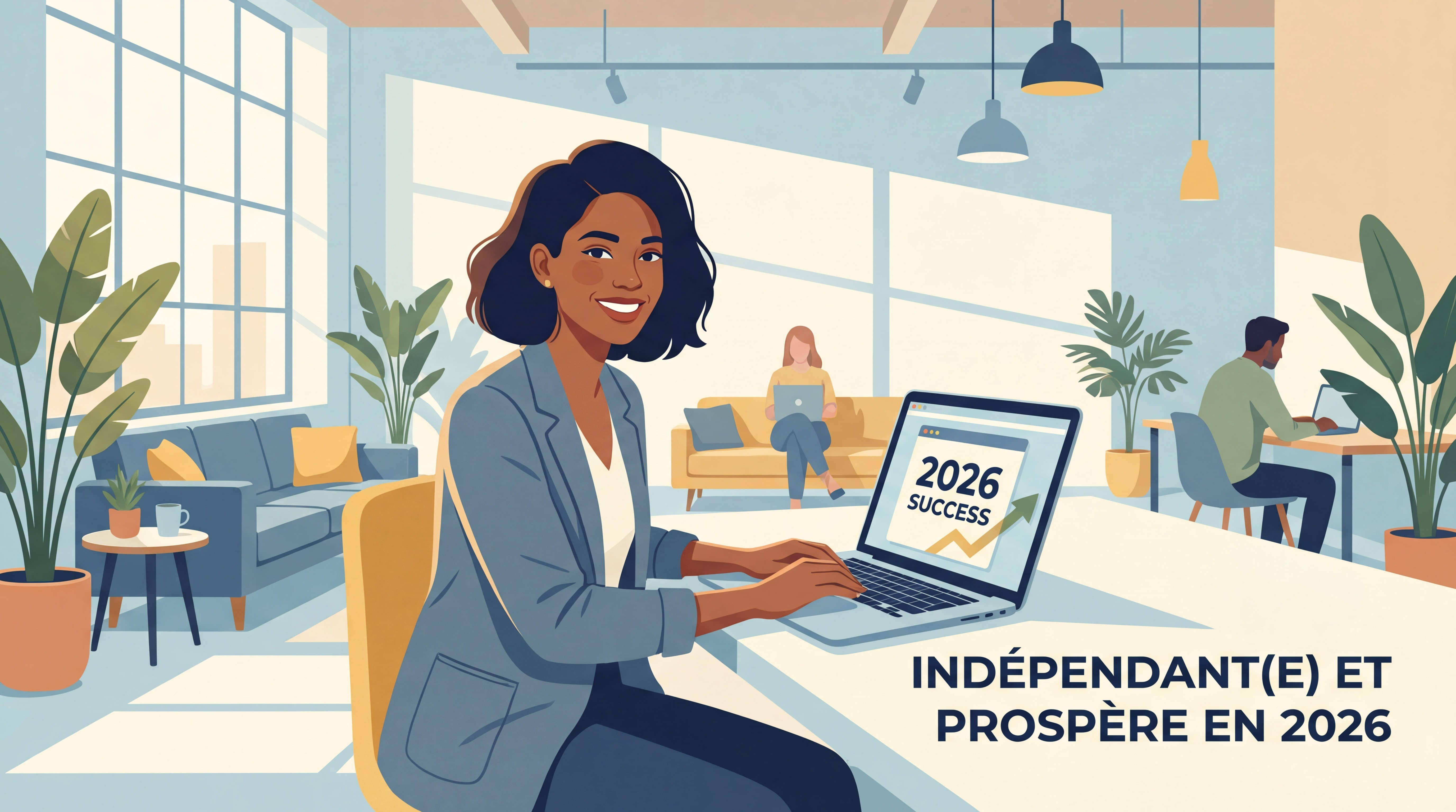 Indépendant(e) confiant(e) souriant(e) devant un laptop dans un espace de travail moderne et lumineux, symbolisant la réussite freelance en 2026