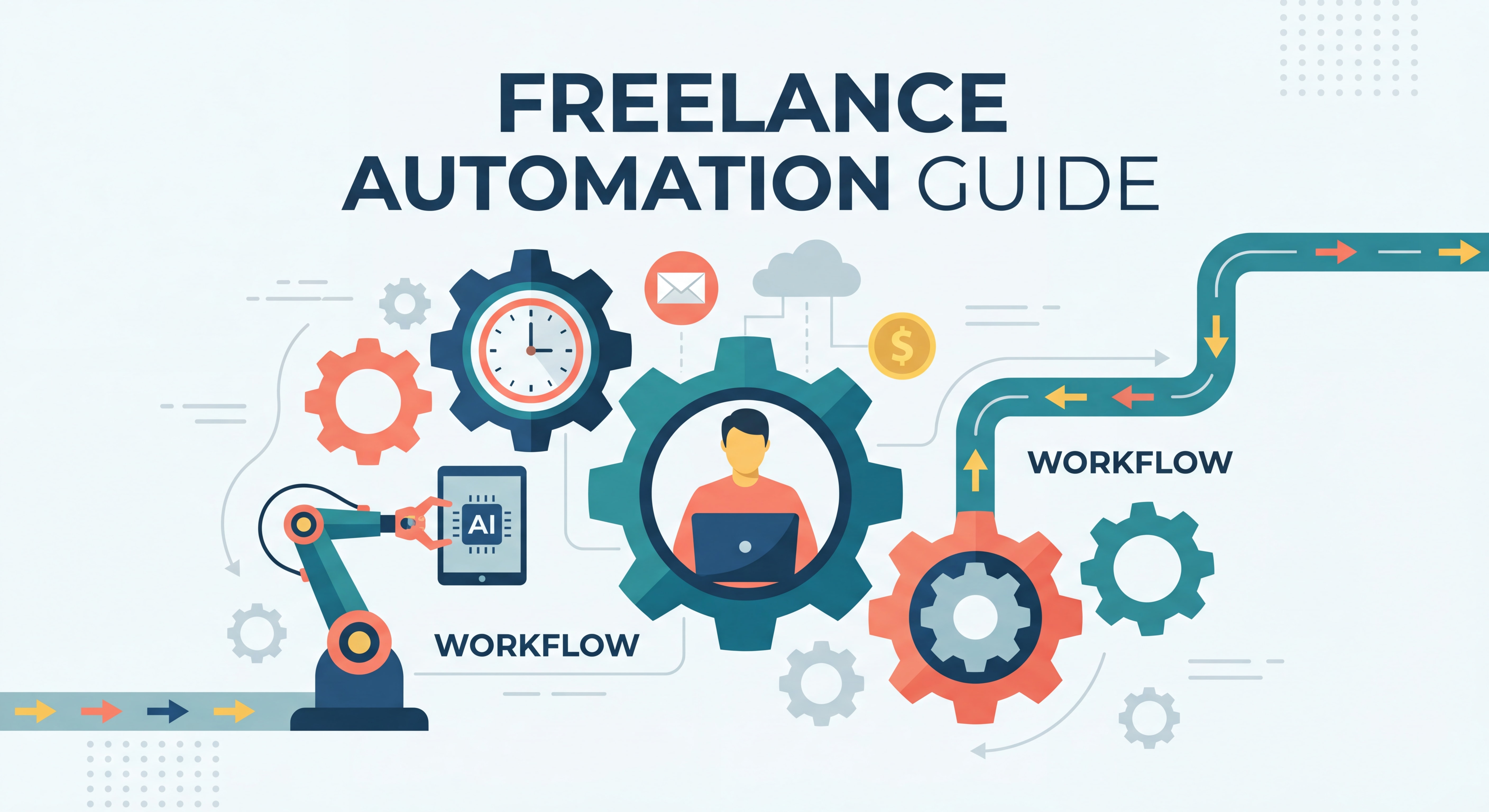 Illustration flat design moderne représentant l'automation freelance — engrenages connectés, horloge, outils IA et workflows automatisés, couleurs vives et professionnelles