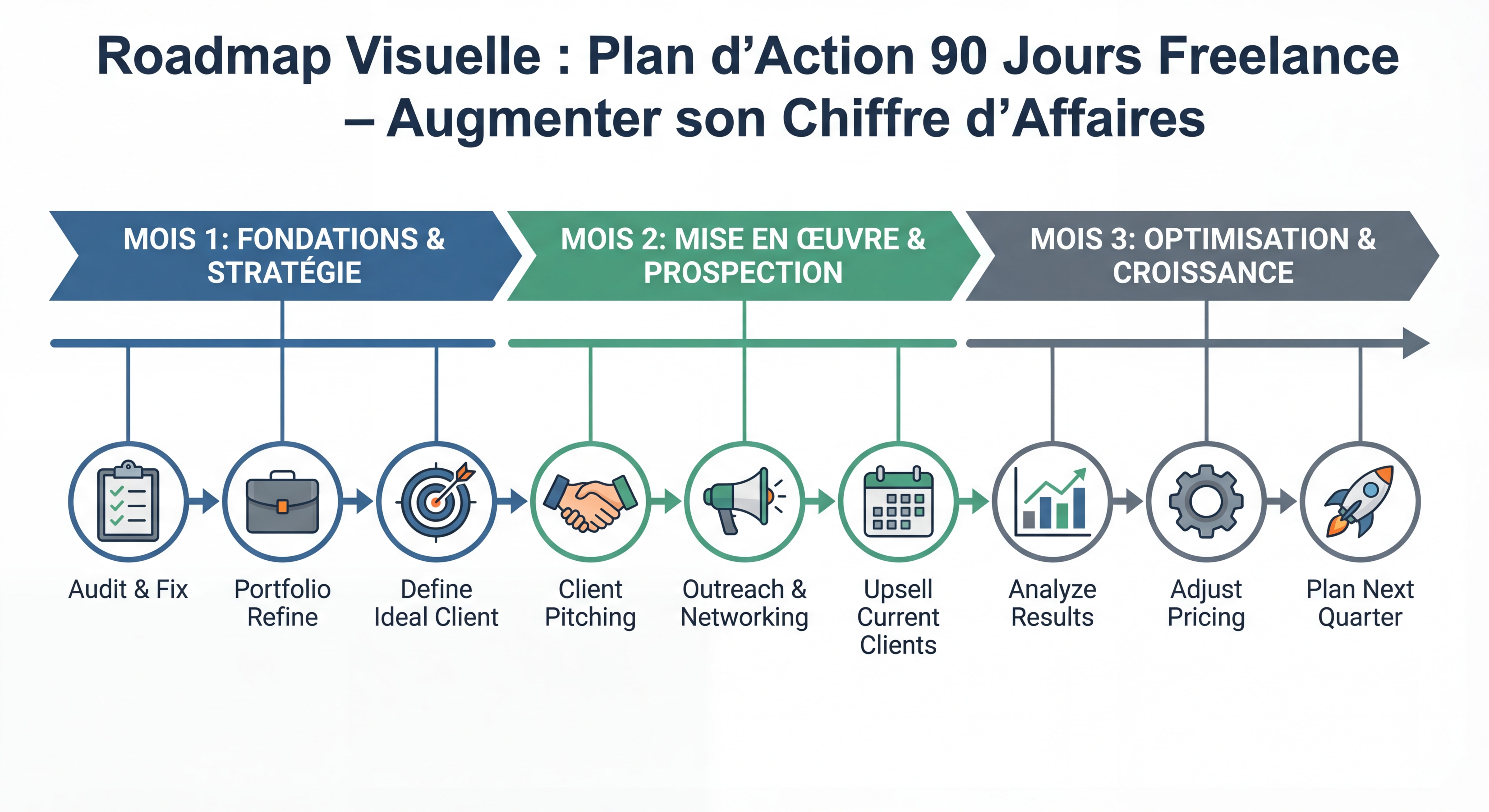 Roadmap visuelle du plan d'action 90 jours pour augmenter son chiffre d'affaires freelance — timeline avec 3 mois et étapes clés illustrées, style infographie épurée