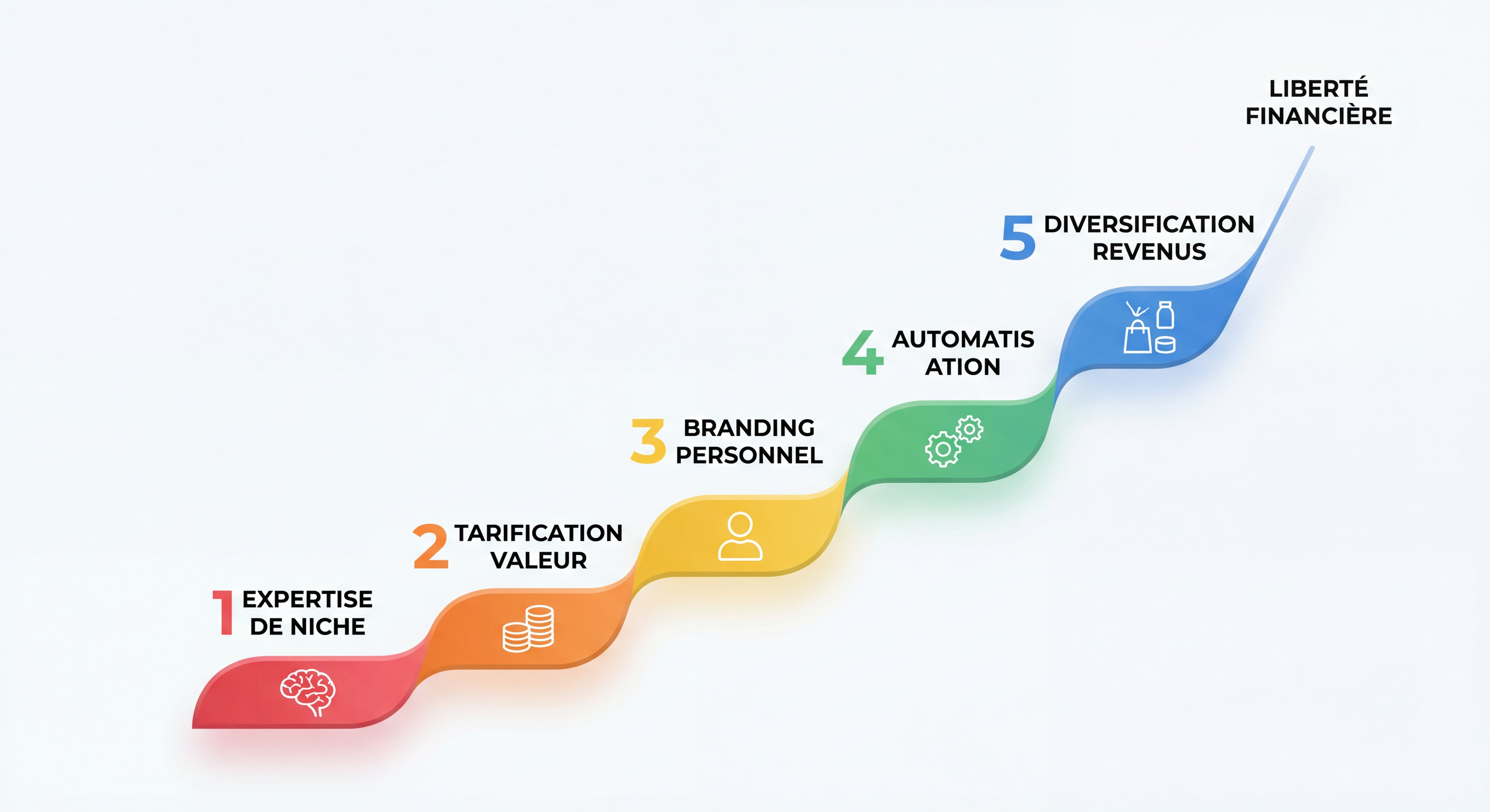 Infographie montrant une courbe ascendante de chiffre d'affaires freelance avec les 5 leviers de croissance représentés en étapes colorées, style data visualization moderne