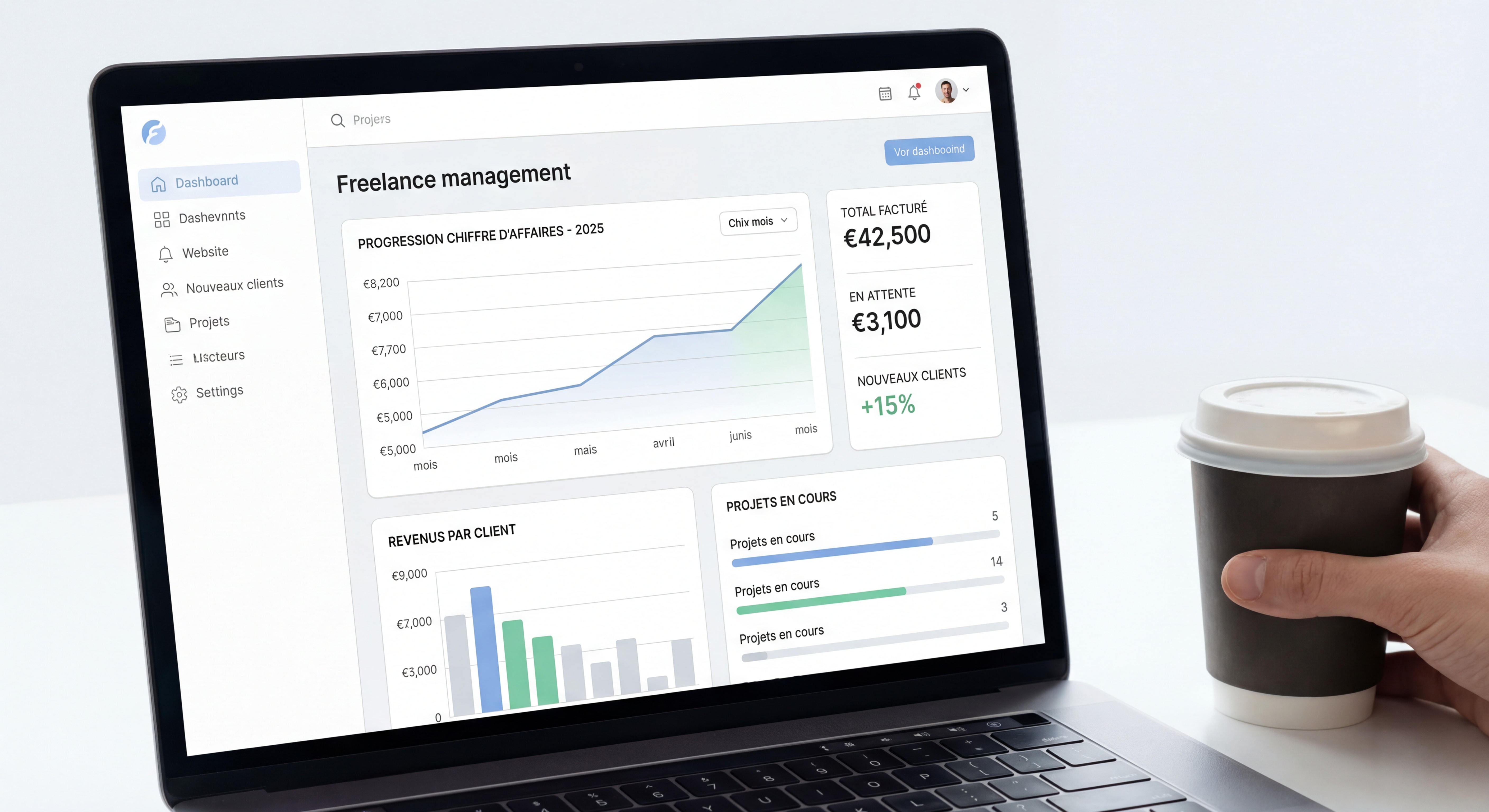 Dashboard d'outil de gestion freelance (interface moderne et épurée) montrant un suivi de chiffre d'affaires en progression, graphiques inspirants, données fictives mais réalistes